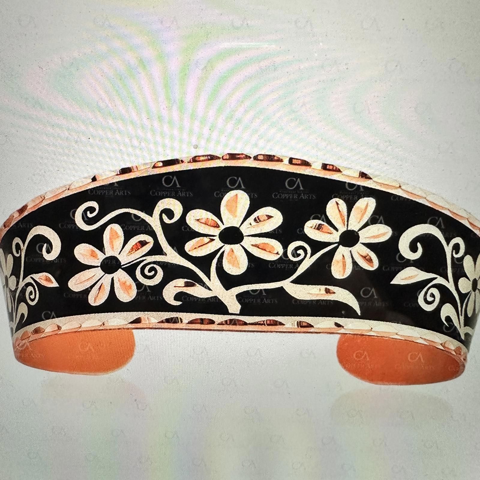 Other Handcrafted Diamond Cut Black Floral Design Copper Cuff Brac Size ONE SIZE - 8 Thumbnail