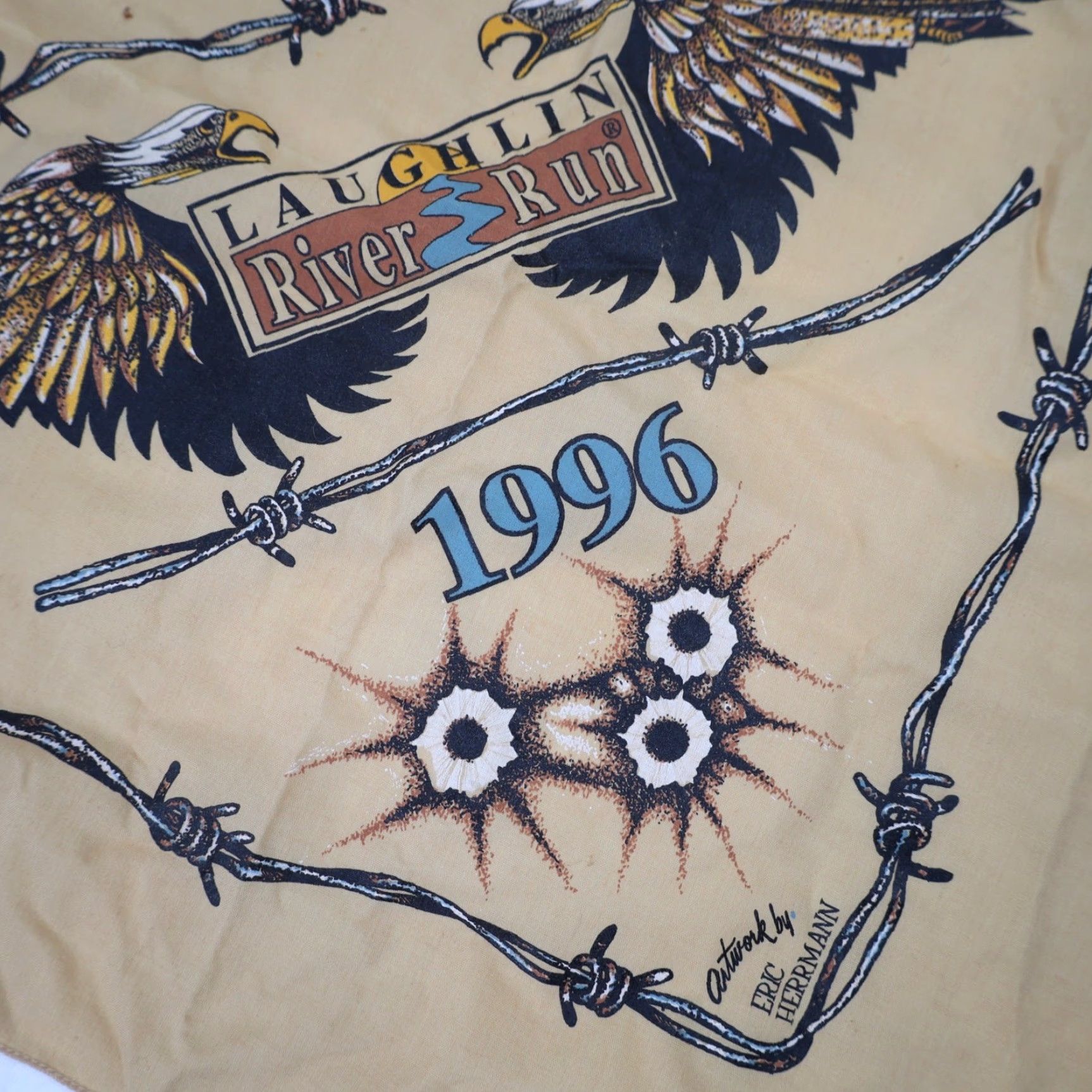 Vintage VINTAGE 1996 Laughlin River Run Motorcycle Rally Graphic Bandana Kerchief Yellow Unisex 20" Bandana Mens Womens Boys Girls Size ONE SIZE - 3 Thumbnail