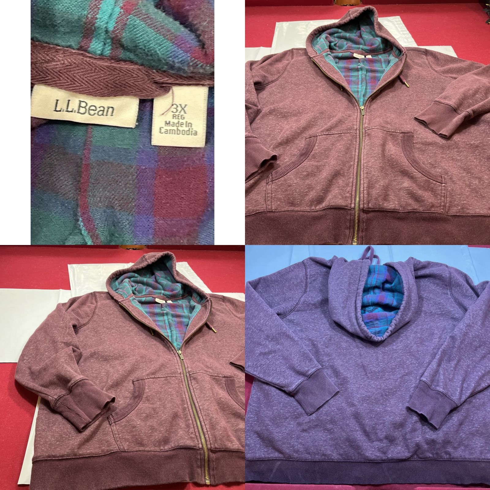 Vintage VINTAGE L.L.Bean Zip Hooded Sweatshirt Shirt Hooded Lined 3XL Burgundy Plaid Flannel 90s Mens Size US XXL / EU 58 / 5 - 9 Thumbnail