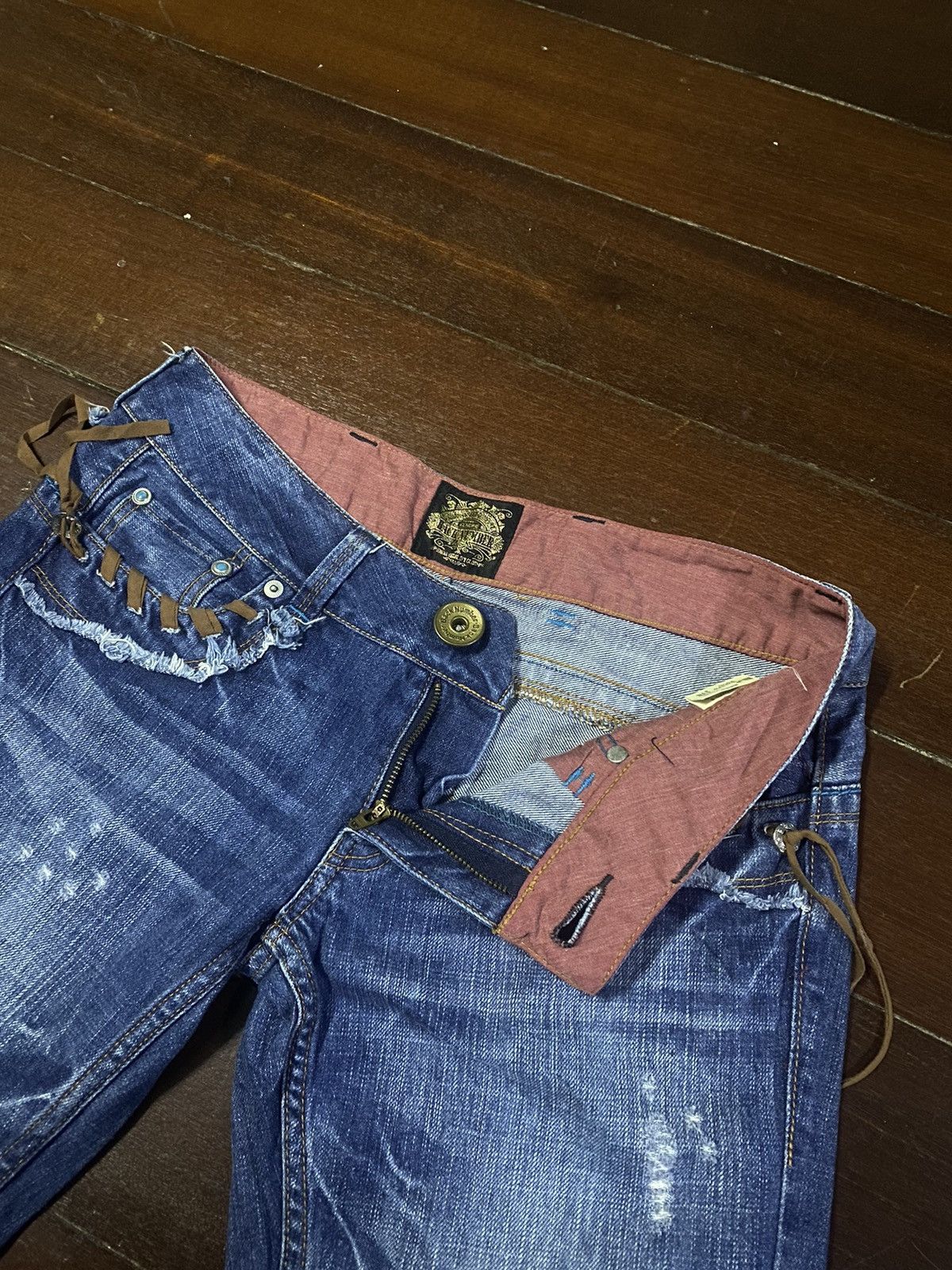 If Six Was Nine × Le Grande Bleu (L.G.B.) × Tornado Mart Flare Jeans Back Number Distress Faded Denim Bootcut Y2k Size 33" - 9 Thumbnail