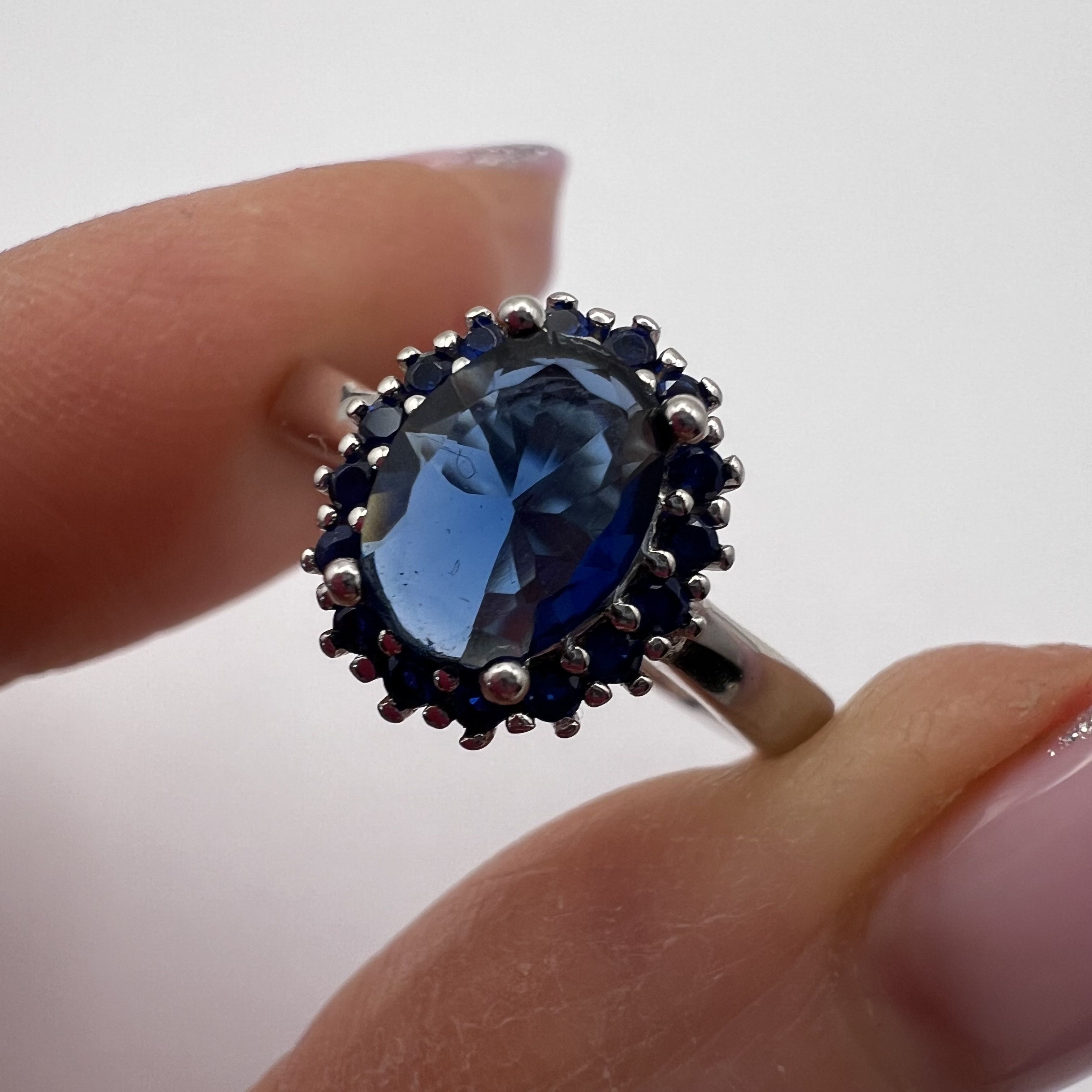 Sterling Silver 925 Sterling Silver Blue Sapphire Ring with Halo Stones Size ONE SIZE - 2 Thumbnail