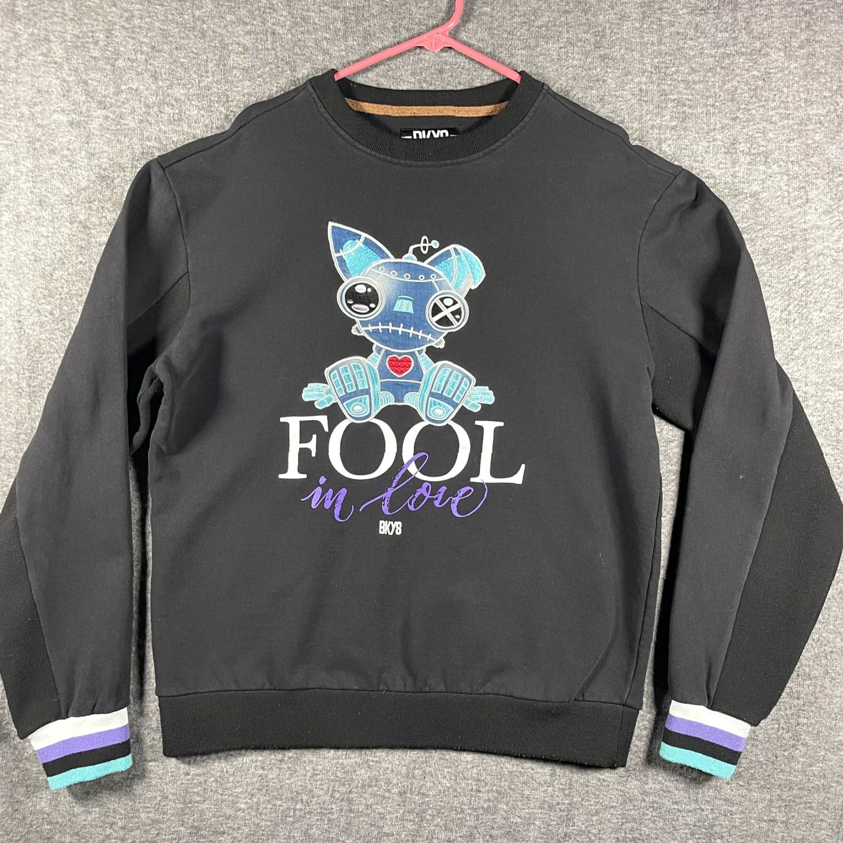 Vintage BKYS Sweatshirt Mens XL Black Fool In Love Robot Cat Graphic Pullover Crewneck Size US XL / EU 56 / 4 - 2 Thumbnail