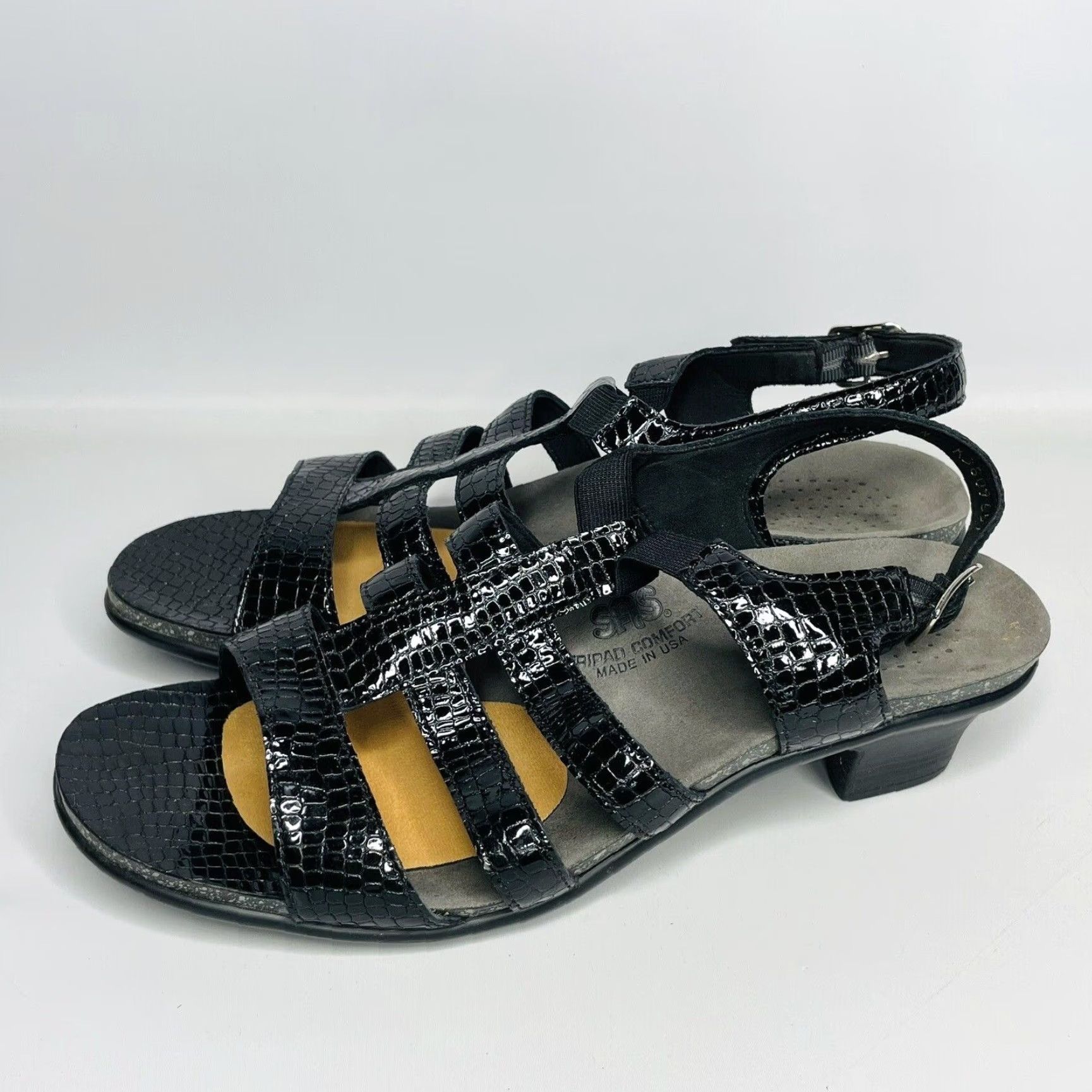SAS VINTAGE SAS Tripad Allegro Black Patent Leather Croc Snake Print Heel Sandals Sz 10 N Size US 10 / IT 40 - 6 Thumbnail