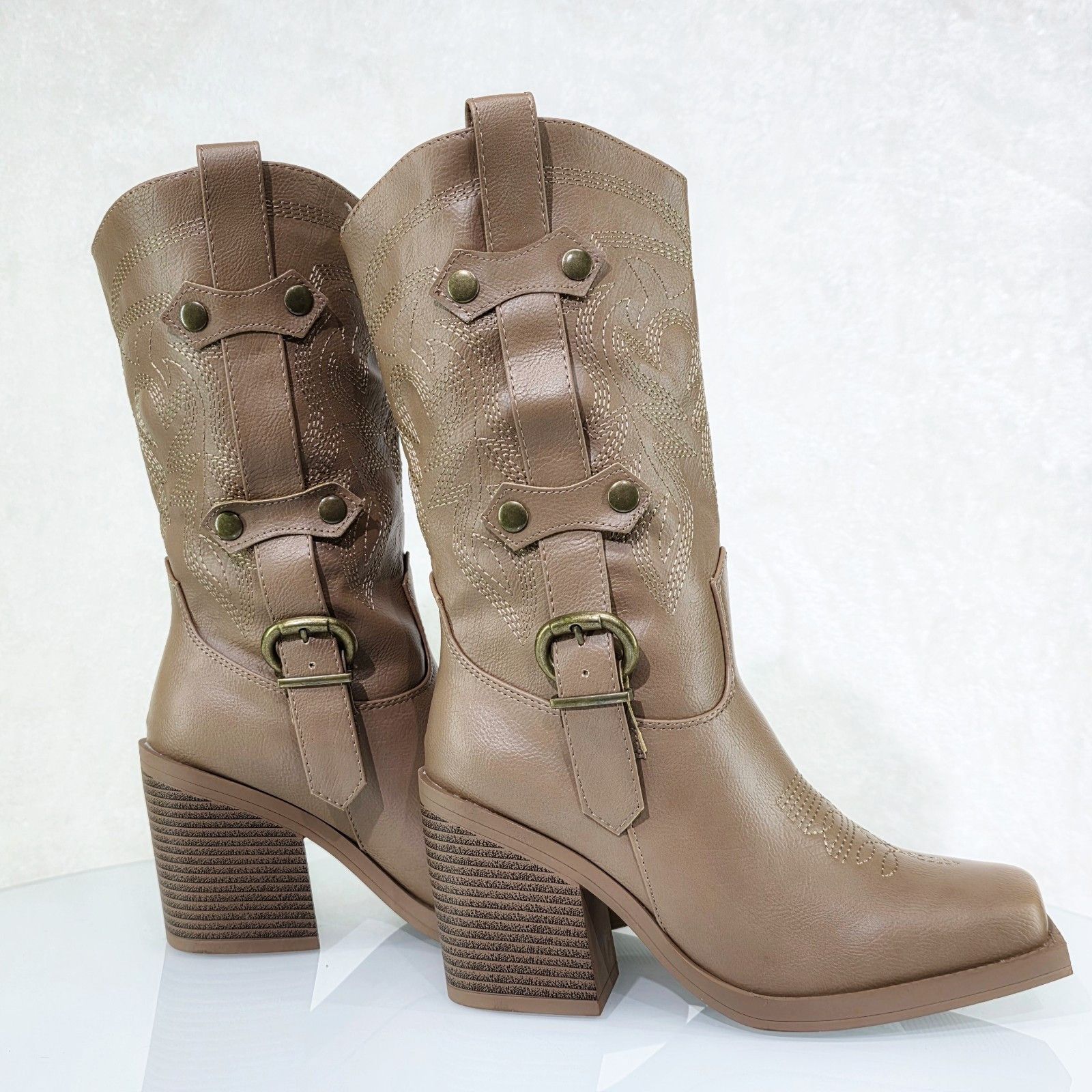 Other Glide Taupe Vegan Leather Biker Western Mid Calf Boots (US S Size US 8.5 / IT 38.5 - 3 Thumbnail