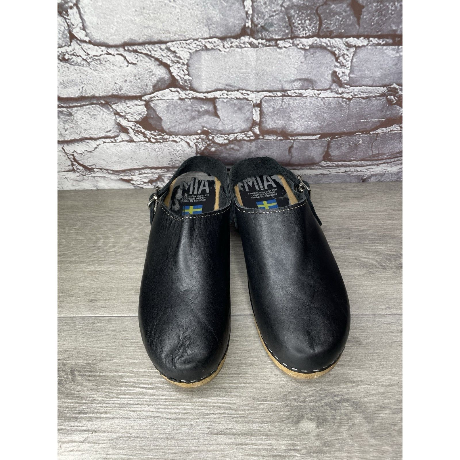 Miansai MIA Alma Swedish Black Leather Wooden Heel Strap Clogs Women Size US 9.5 / IT 39.5 - 1 Thumbnail
