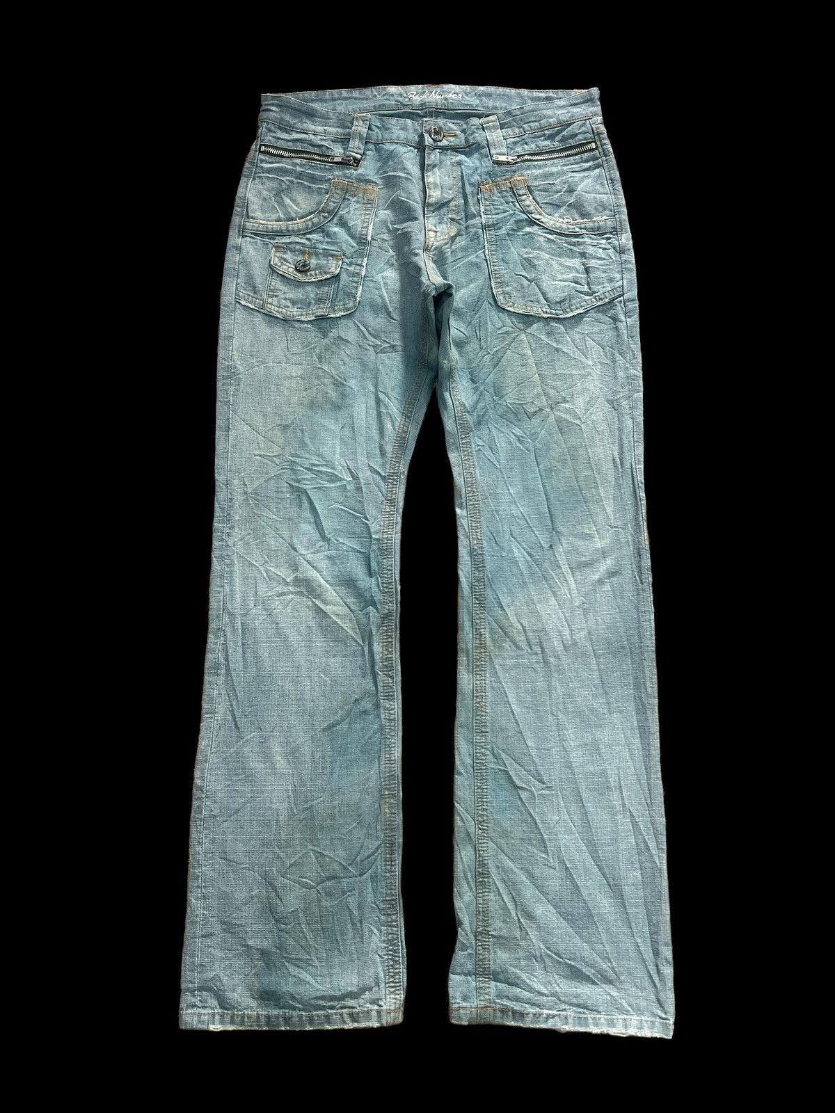 FLARED🔥BACK NUMBER BUSH PANT DISTRESSED DENIM PANT