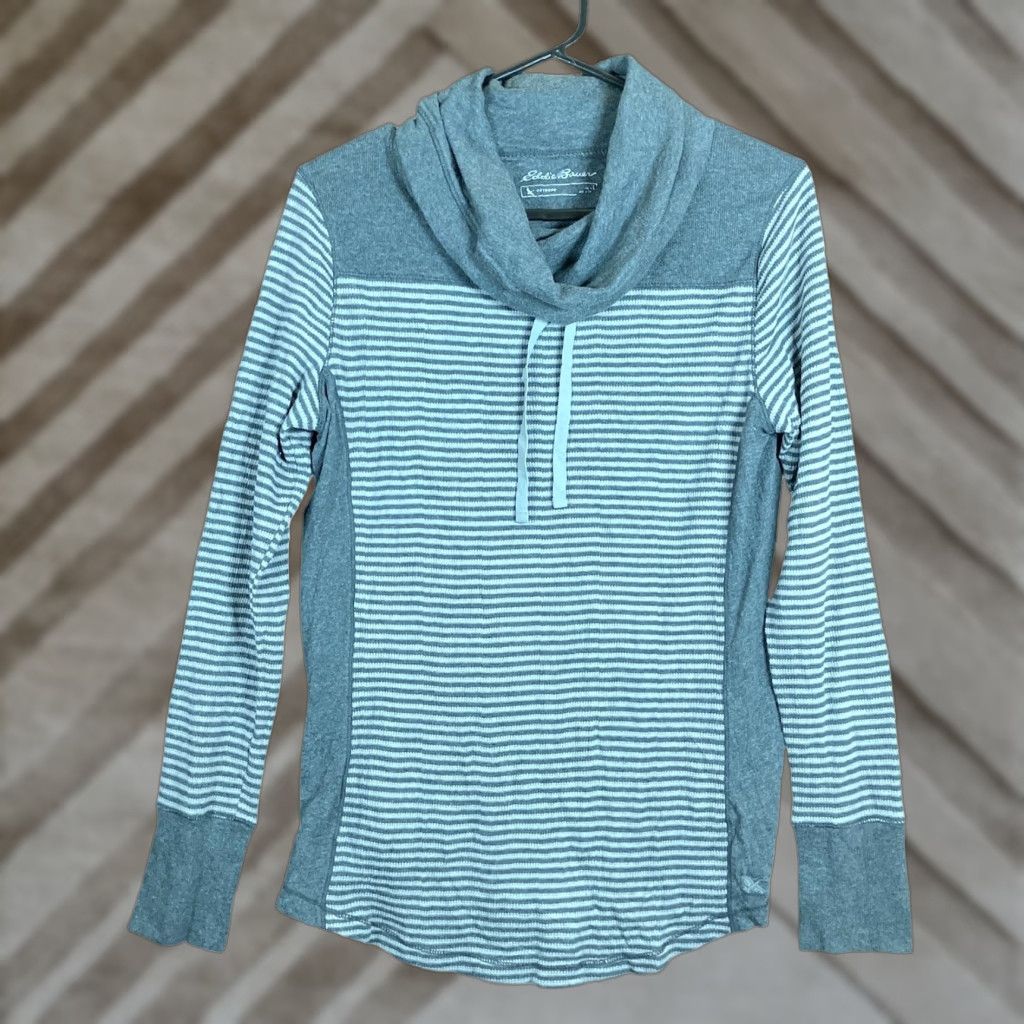 Eddie Bauer VINTAGE Eddie Bauer Womens Sweatshirt Gray White Striped Outdoor Cowl Neck Thermal L Size L / US 10 / IT 46 - 1 Thumbnail