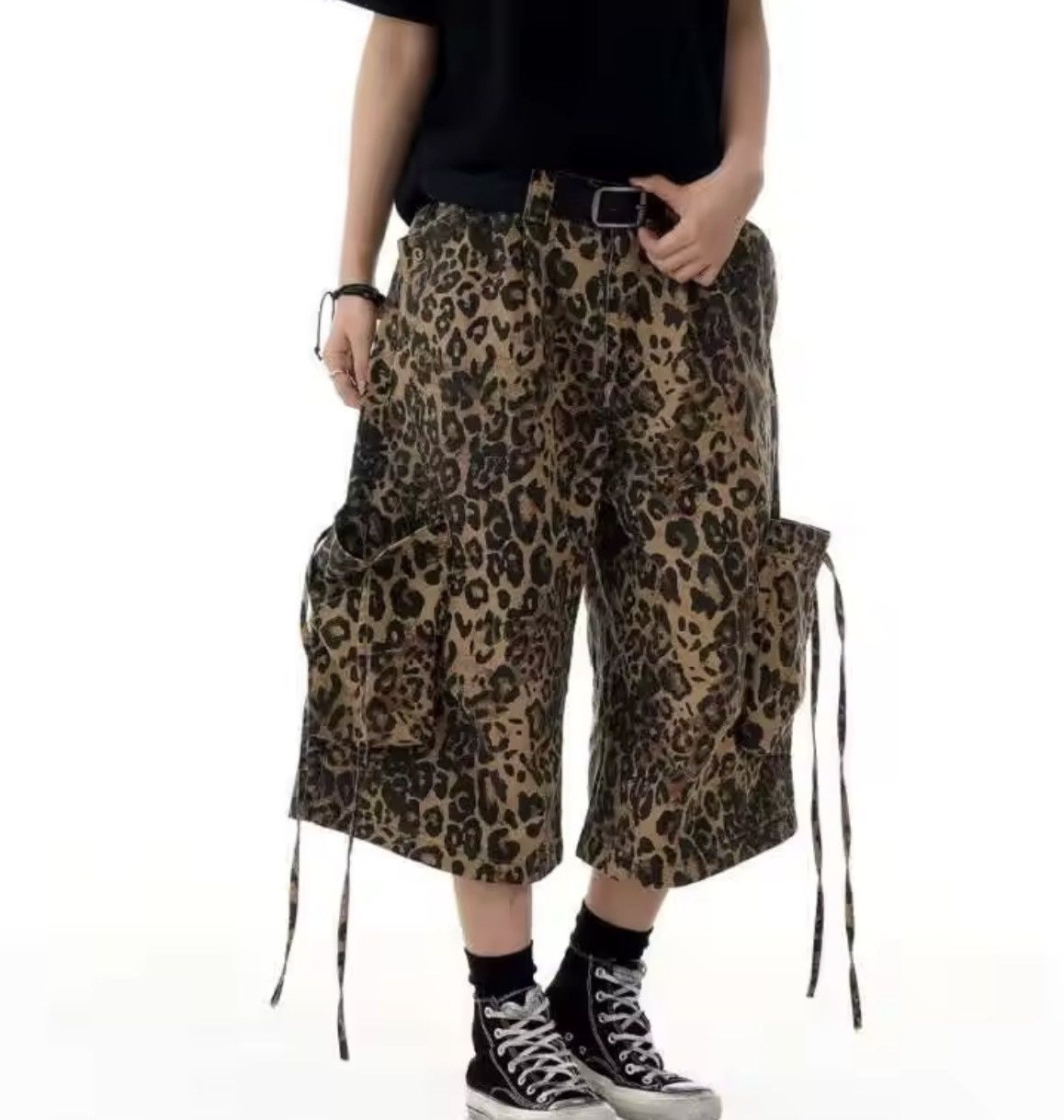 Leopard Print Long Wide Cargo Jorts Baggy Shorts