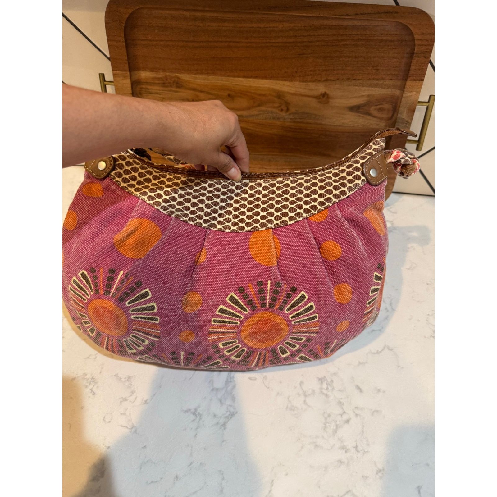 Guess vintage Fossil Canvas Hobo Bag abstract orange brown floral Size ONE SIZE - 8 Thumbnail