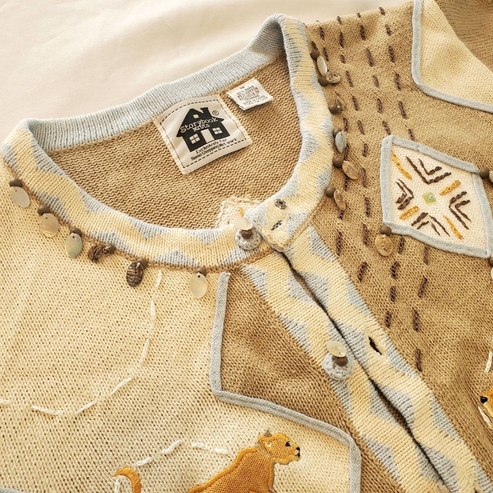 Vintage Vintage Storybook Knits Womens Safari Cardigan Sweater 1X Plus Beige Beaded 3D Size XL / US 12-14 / IT 48-50 - 5 Thumbnail