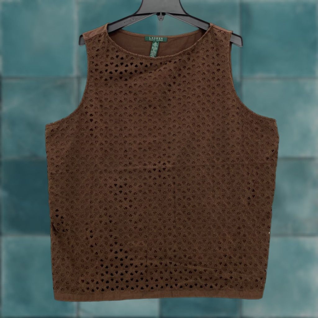 Ralph Lauren Lauren Ralph Lauren Brown Eyelet Sleeveless Tank Top 3X Cotton Stretch Boho NWT Size XXL / US 16-18 / IT 52-54 - 1 Thumbnail