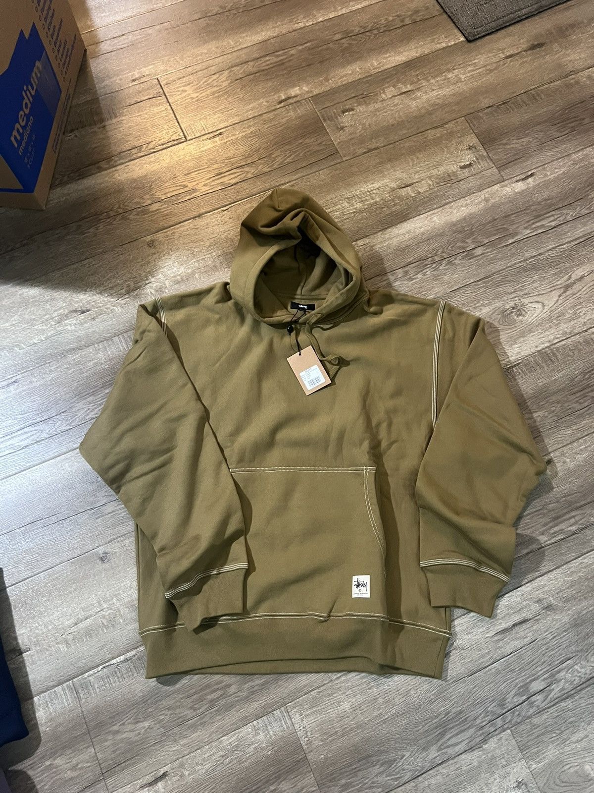 Streetwear × Stussy CONTRAST STITCH LABEL HOODIE Olive | Grailed