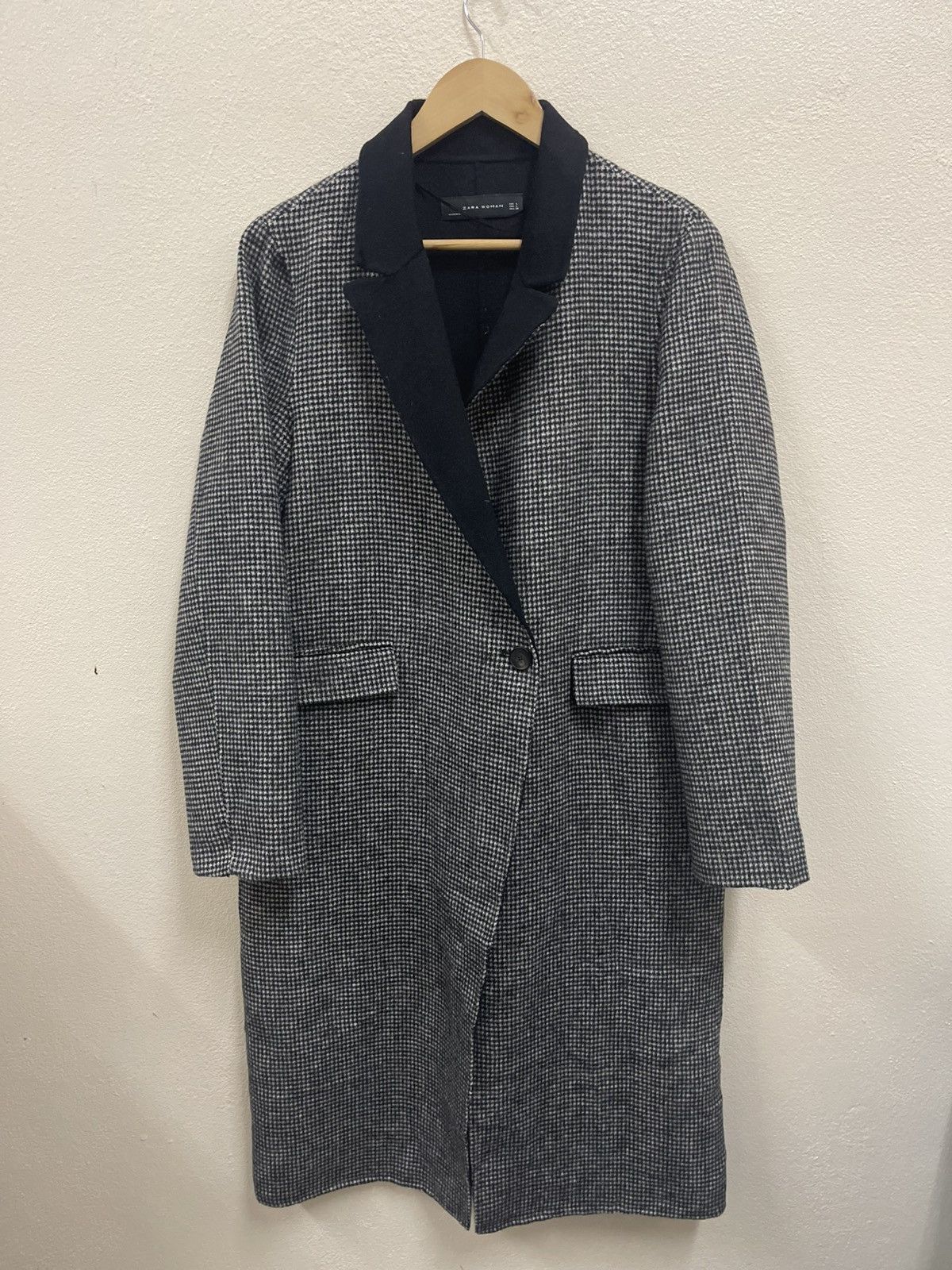 Zara Zara Women’s Monochrome Checkered Long Coat - Single Button Size L / US 10 / IT 46 - 2 Thumbnail