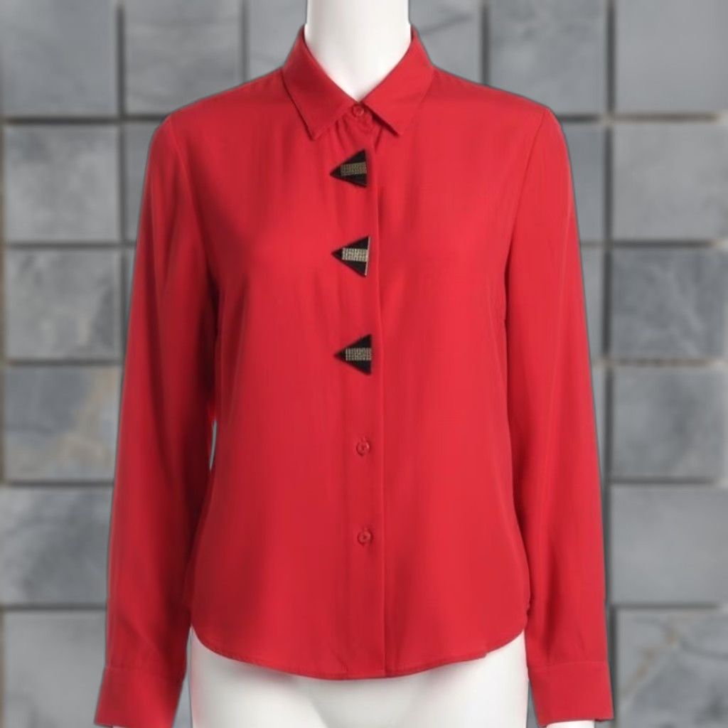Triangl VINTAGE Anxiety Red Blouse Black Gold Trim Triangle Buttons 80s ...
