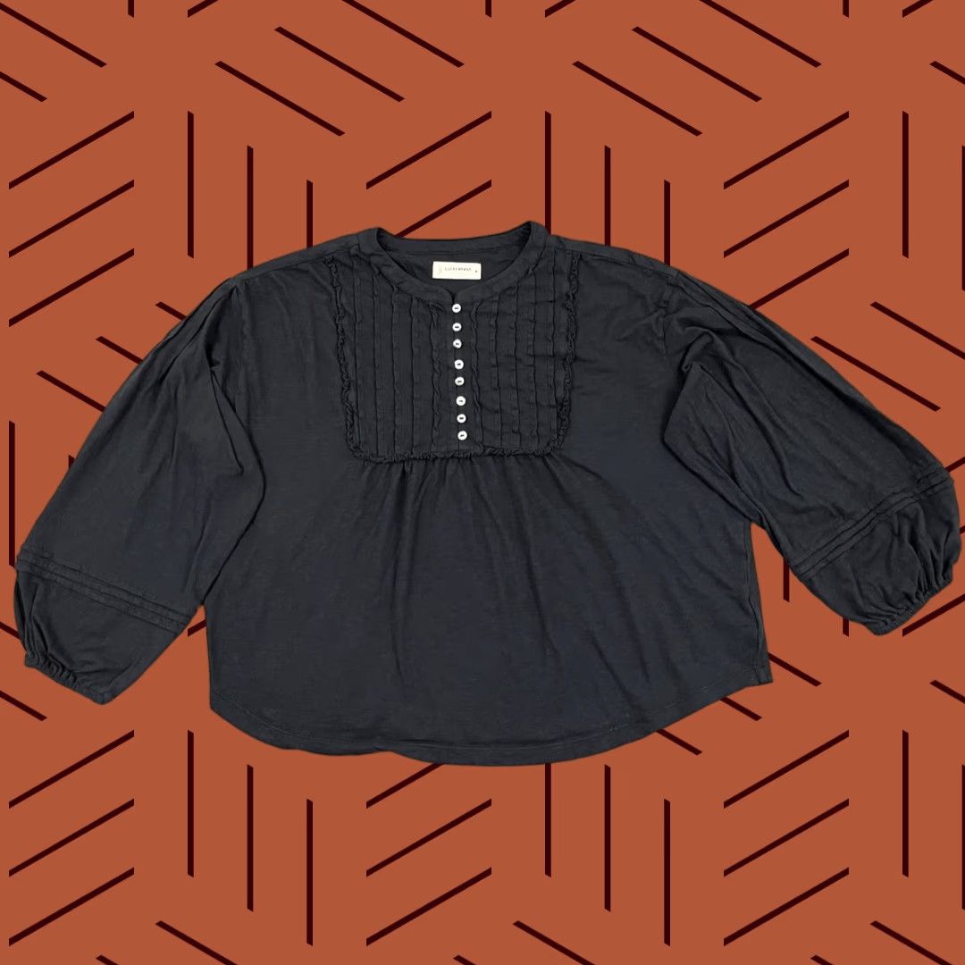 Lucky Brand Lucky Brand Blouse Women M Black Pintuck Ruffle Henley Crew Neck Long Sleeve Lightweight 100% Cotton Casual Womens Size M / US 6-8 / IT 42-44 - 1 Thumbnail