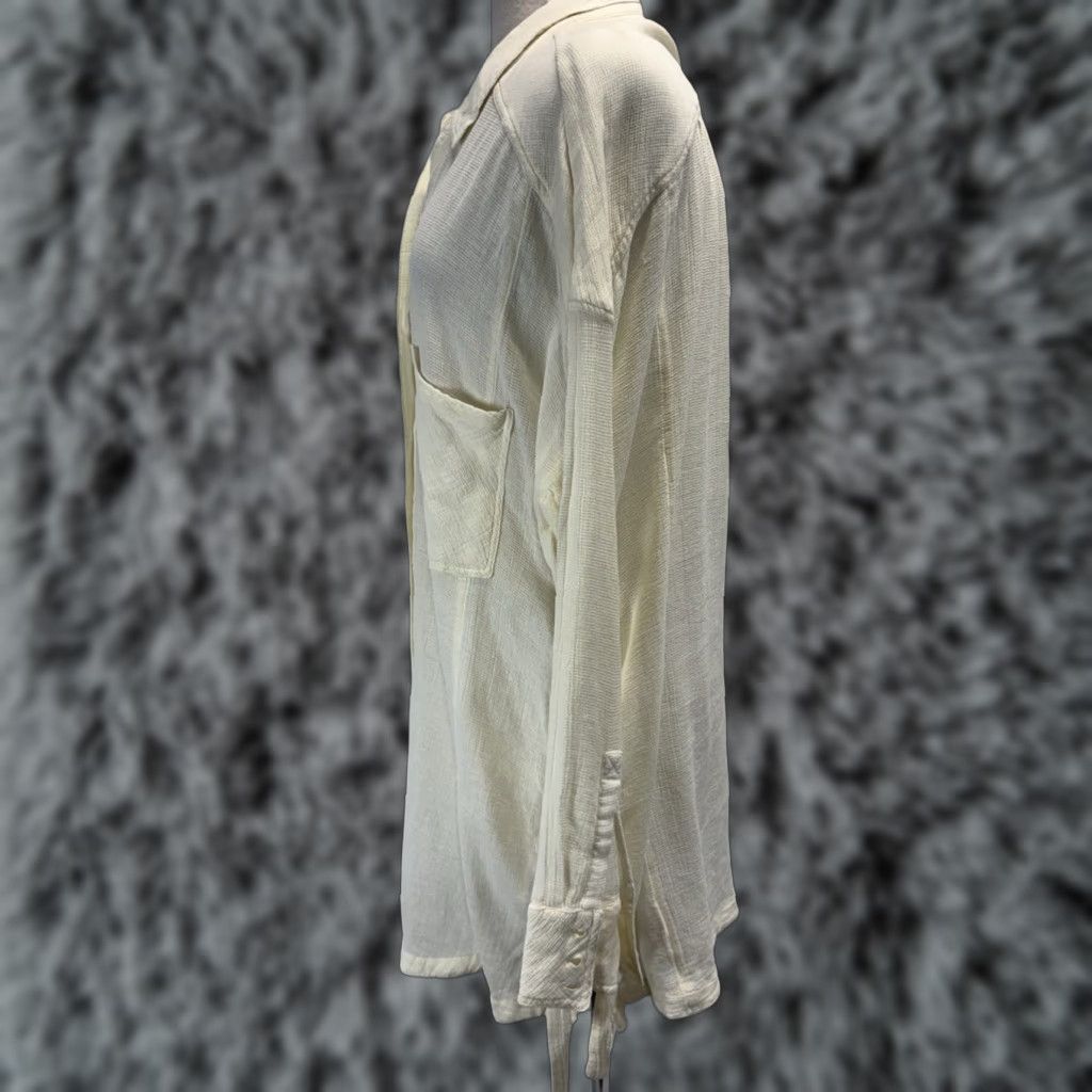 Free People Free People Shirt Large Ivory Oversized Tunic Top Button-Up Long Sleeve Collared Lace Up Sides Size L / US 10 / IT 46 - 1 Thumbnail