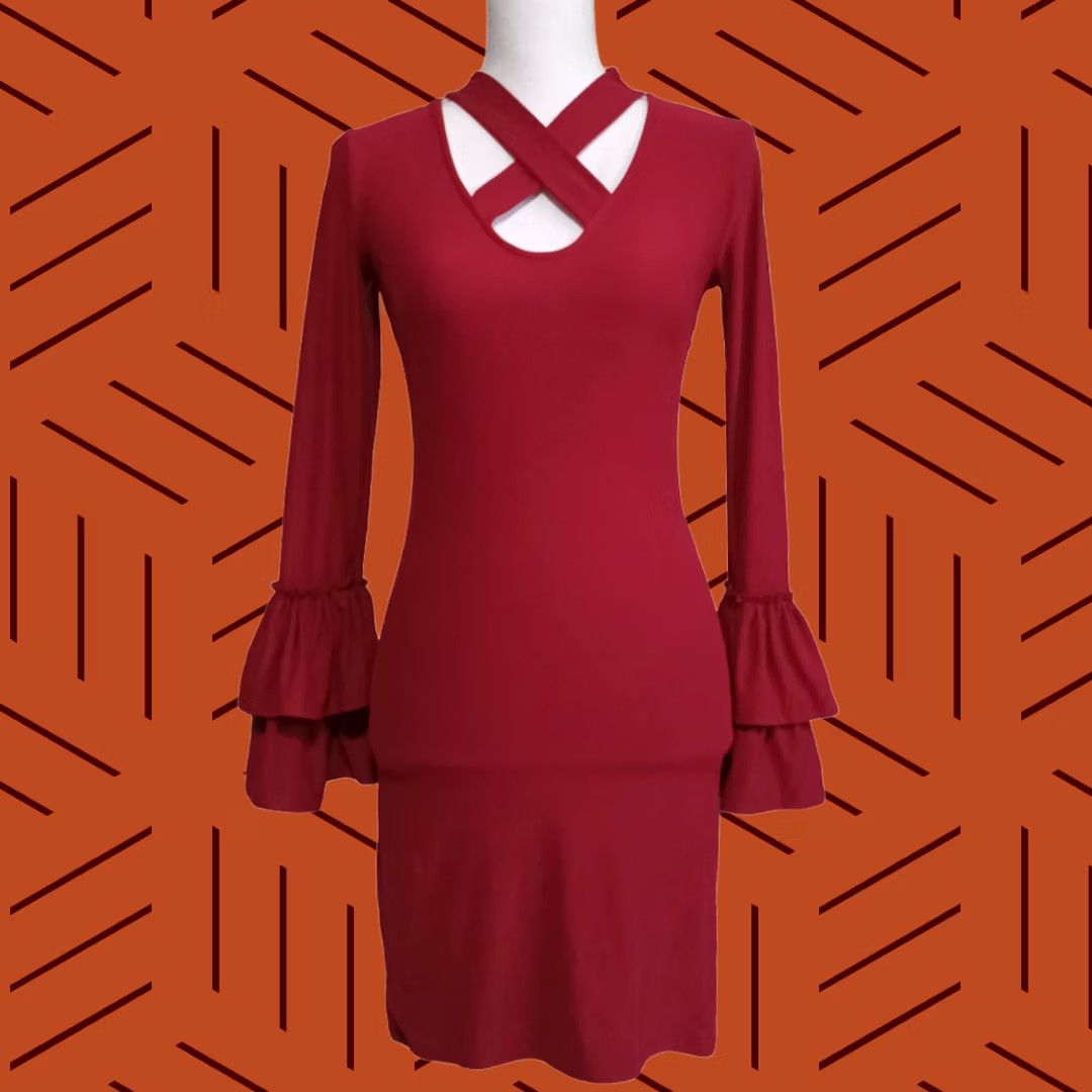 derek heart bodycon dress Vintage Womens S VTG Y2K Red Bell Long Sleeve playsuits Imagine yourself turning heads Size:US10 - IT40 Plus Size Draped Knot/Twist