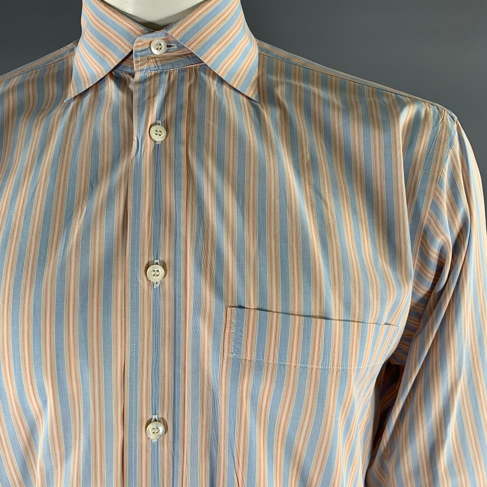 Brioni BRIONI M Orange Blue Stripe Cotton Spread Collar L/S Shirt Size US M / EU 48-50 / 2 - 2 Thumbnail