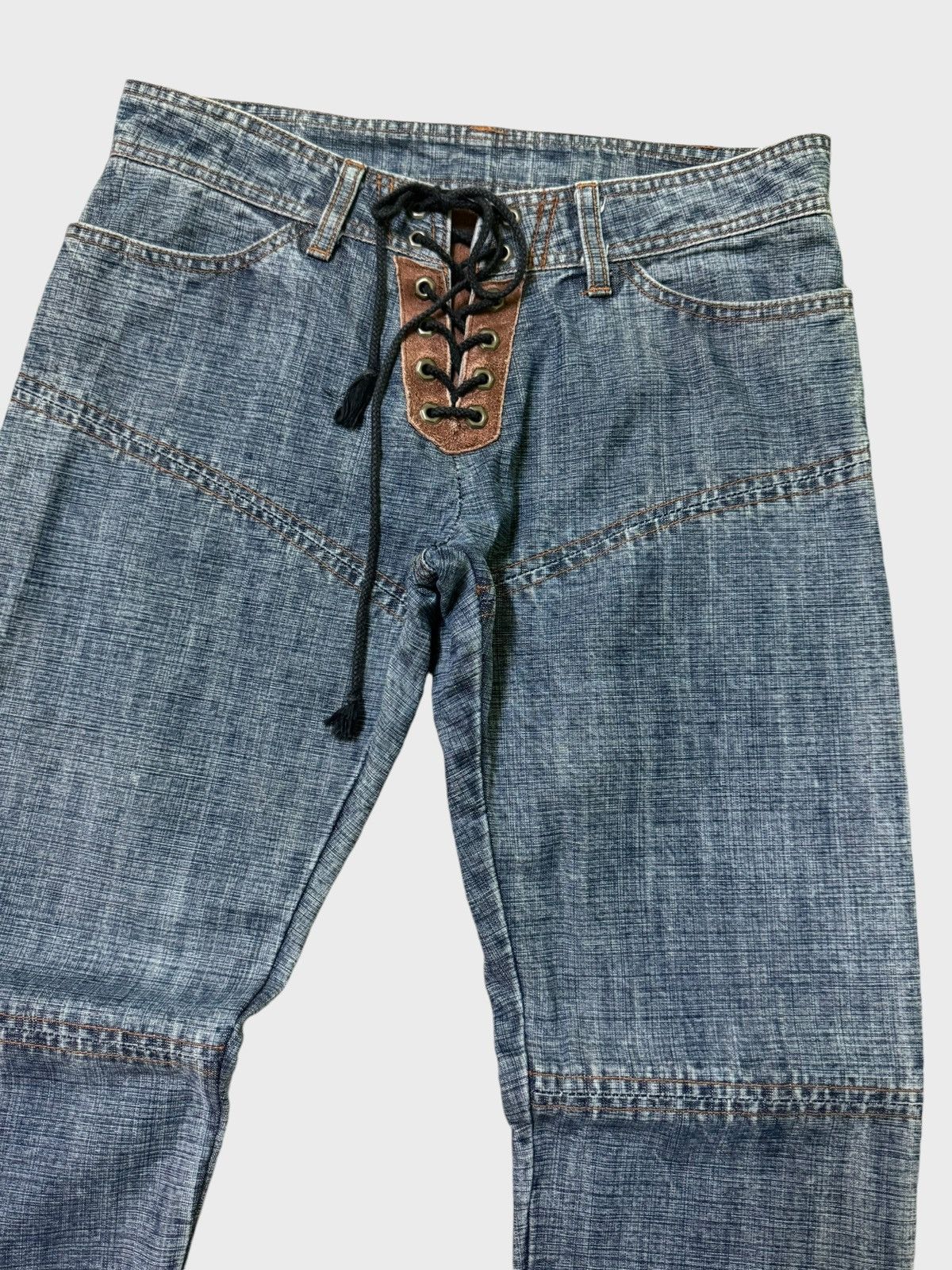 Japanese Brand Flare CHIKAKO ROEN Leather Double Laced Low Rise Denim jeans Size US 29 - 5 Thumbnail