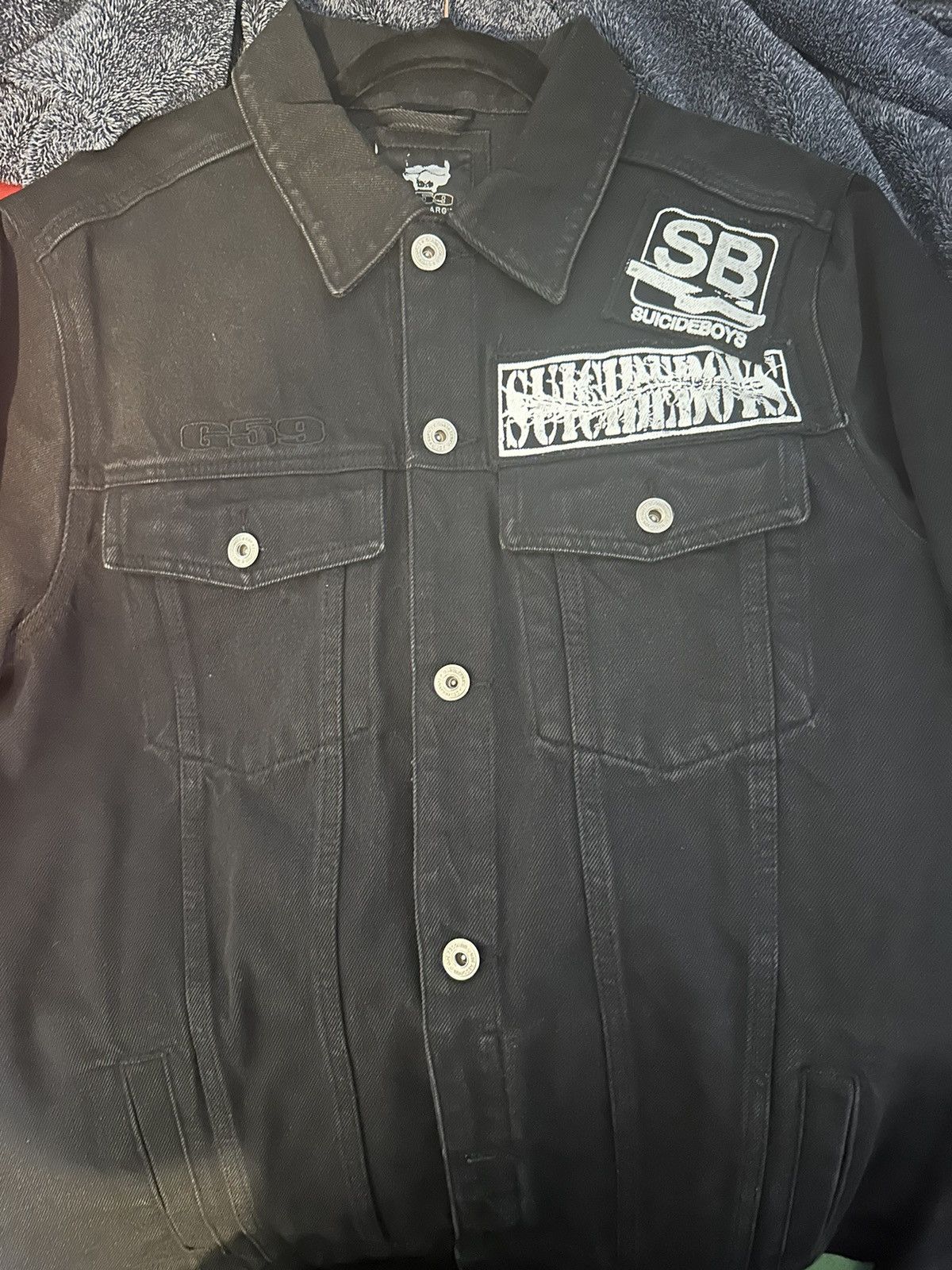 image of G59 Records x Pouya Uicideboy Merch Suicideboys Patched Denim Jacket in Black, Men's (Size 2XL)