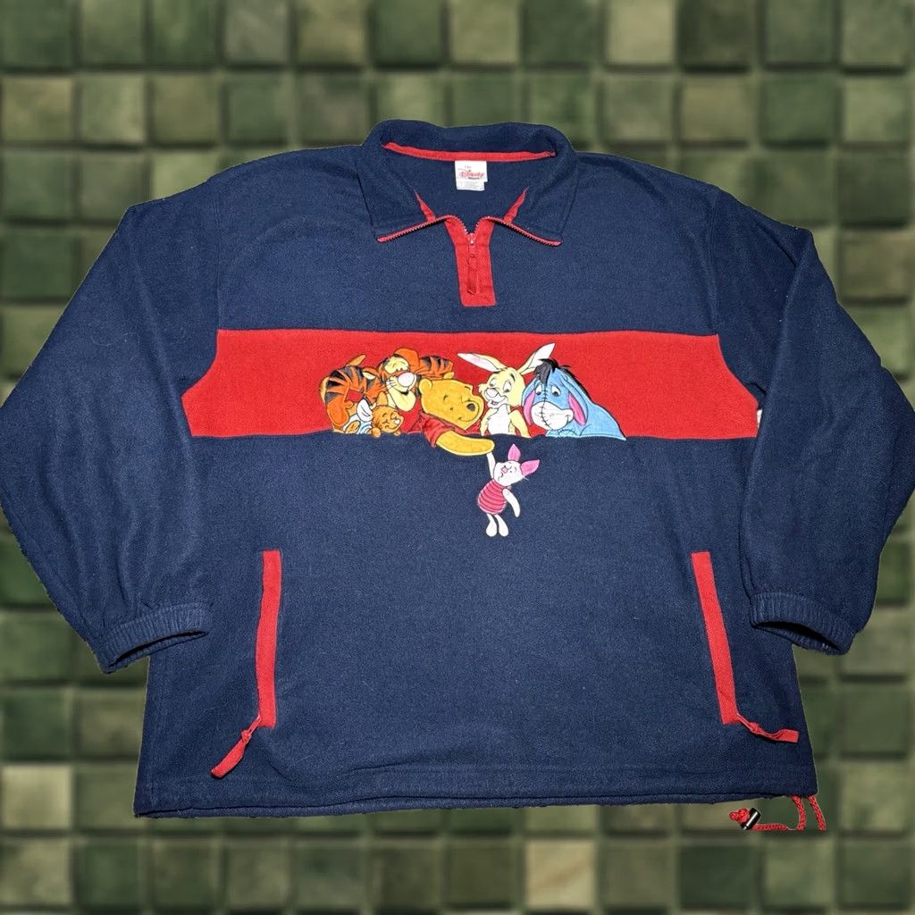 Disney VINTAGE Disney Winnie Pooh Friends Fleece Pullover 1/4 Zip Navy Blue Large Adult Unisex Sweater 90s Made USA Size L / US 10 / IT 46 - 1 Thumbnail