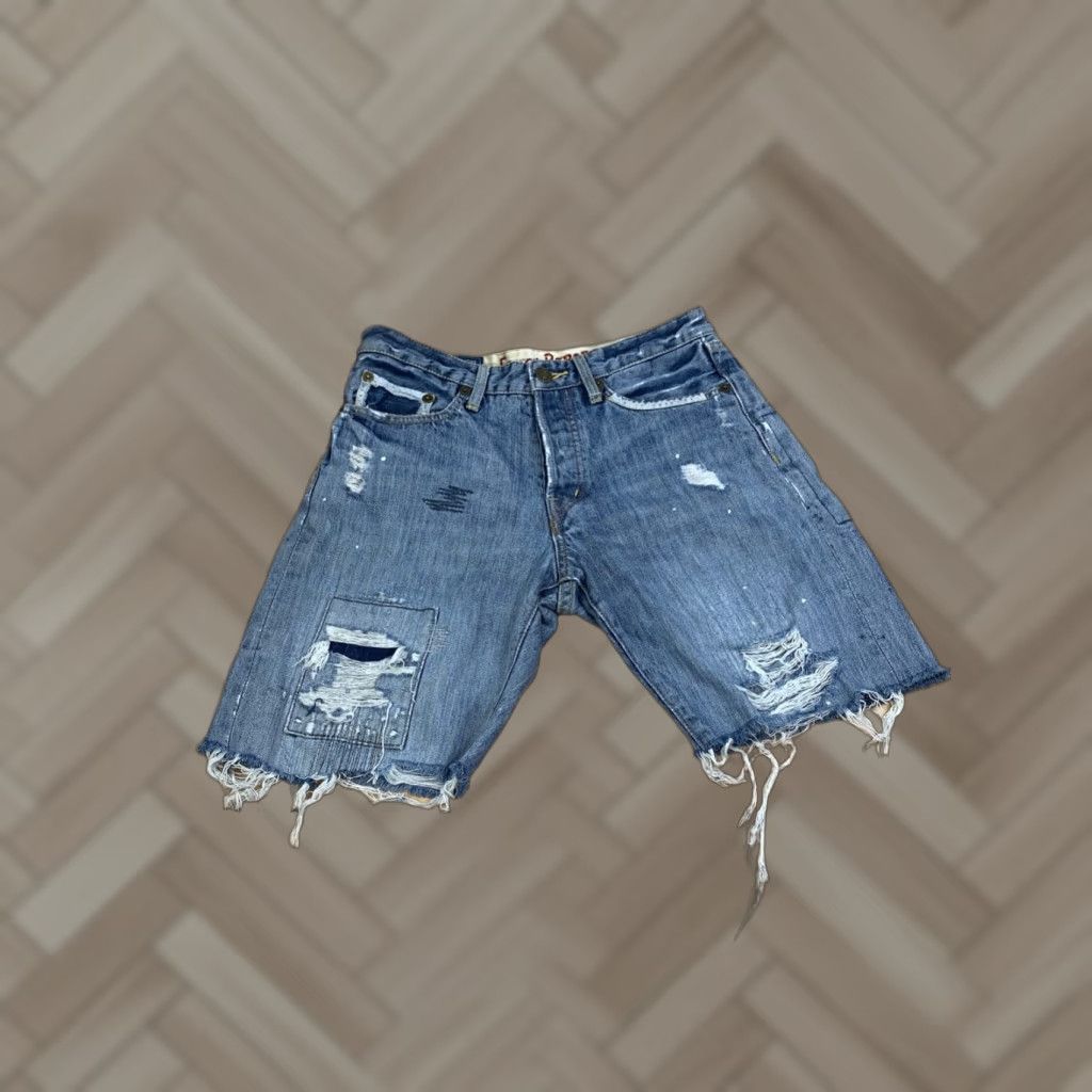 Denime Flash Report Denim Shorts Mens M Blue 5-Pocket Design Distressed Pockets Jorts Japanese Streetwear 12091 Size US 31 - 1 Thumbnail