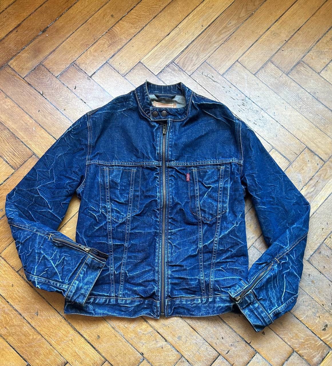 image of Avant Garde x Distressed Denim Vintage Levi’S Distressed Biker Fade Denim Zip Jacket (Size Large)
