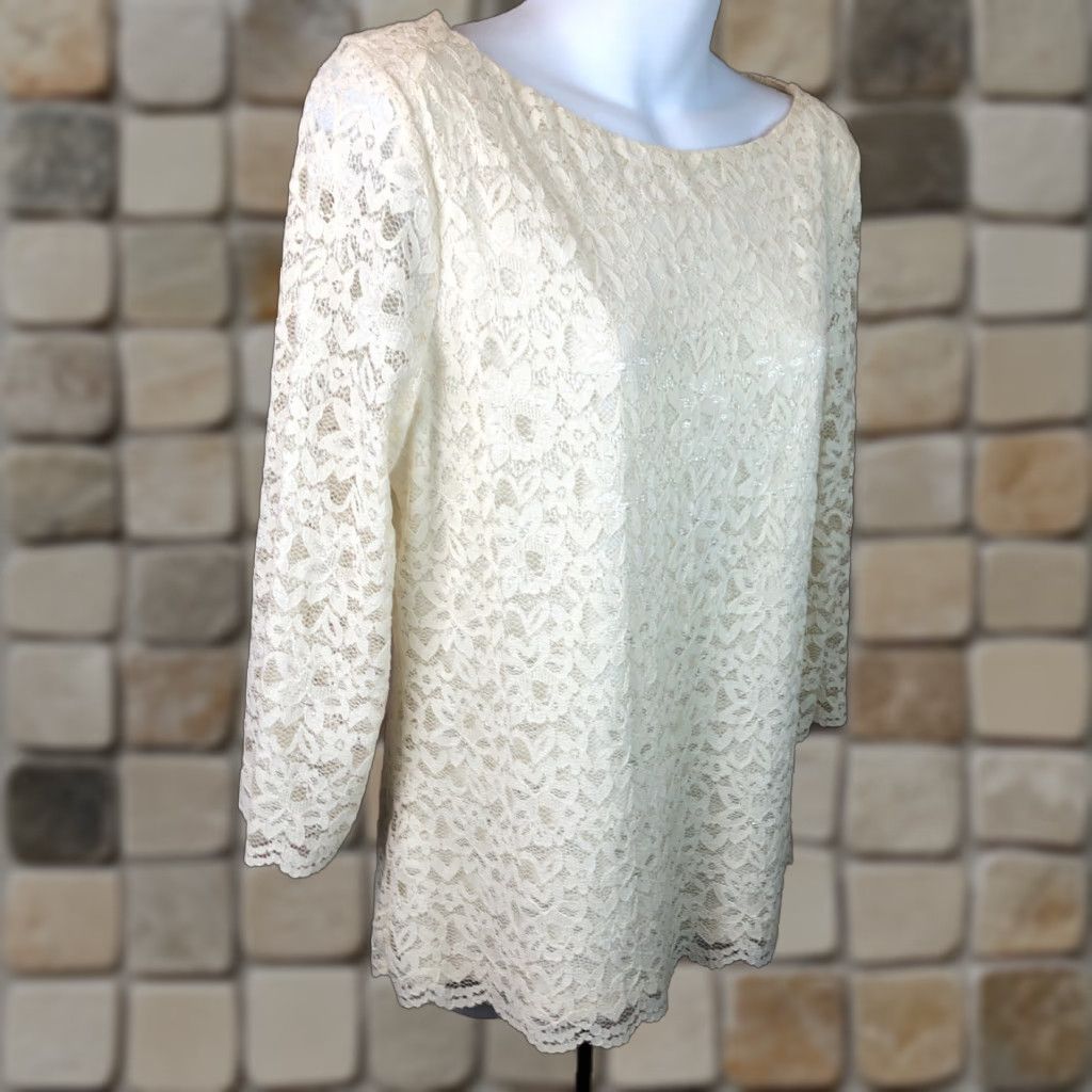 Charter Club VINTAGE Charter Club Lace Top Blouse M Ivory 3/4 Sleeves Boat Neck Floral Structure 90s Fairy Dainty Womens Size M / US 6-8 / IT 42-44 - 1 Thumbnail