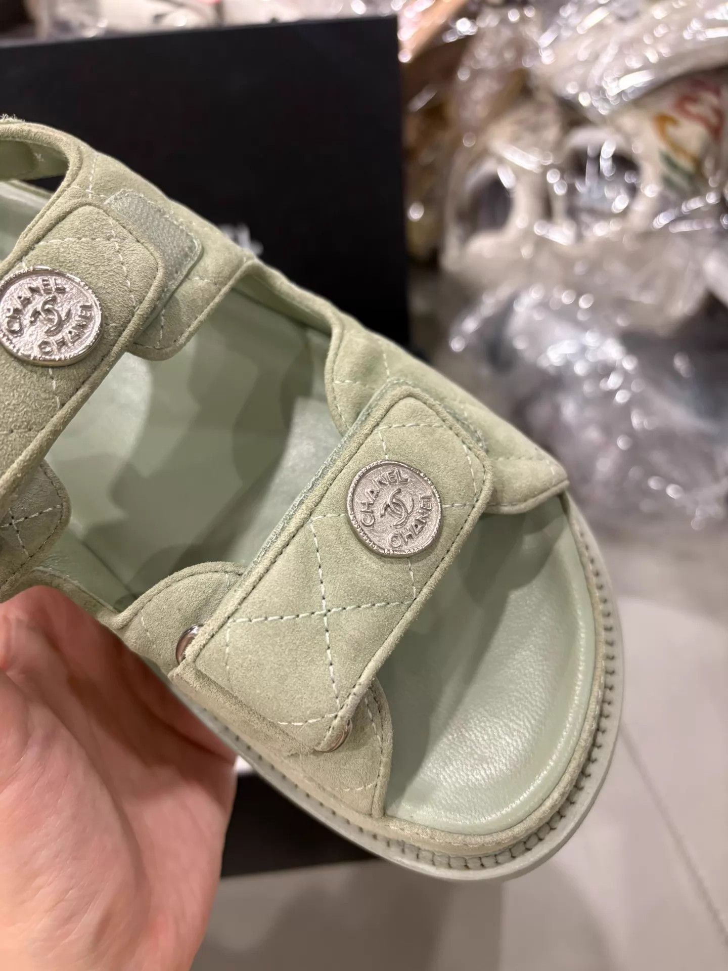 Chanel CHANEL Women's Avocado Suede Velcro Sandals EUR 37 Size US 6.5 / IT 36.5 - 3 Thumbnail