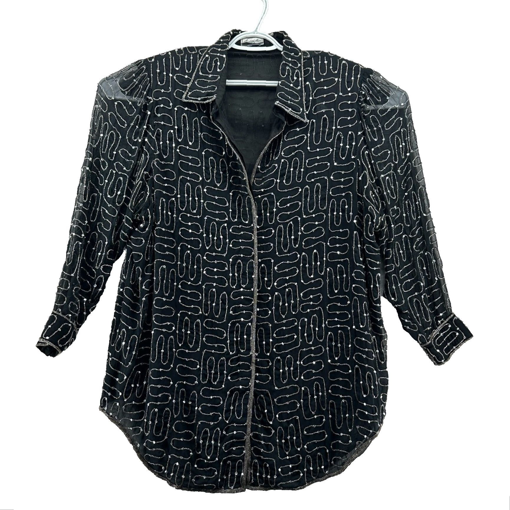 Vintage Judith Ann Black Beaded Blouse Top Womens Collared Button Front Long Sleeve Regular Size L - Casual Formal Shirt Shirt Size L / US 10 / IT 46 - 2 Thumbnail