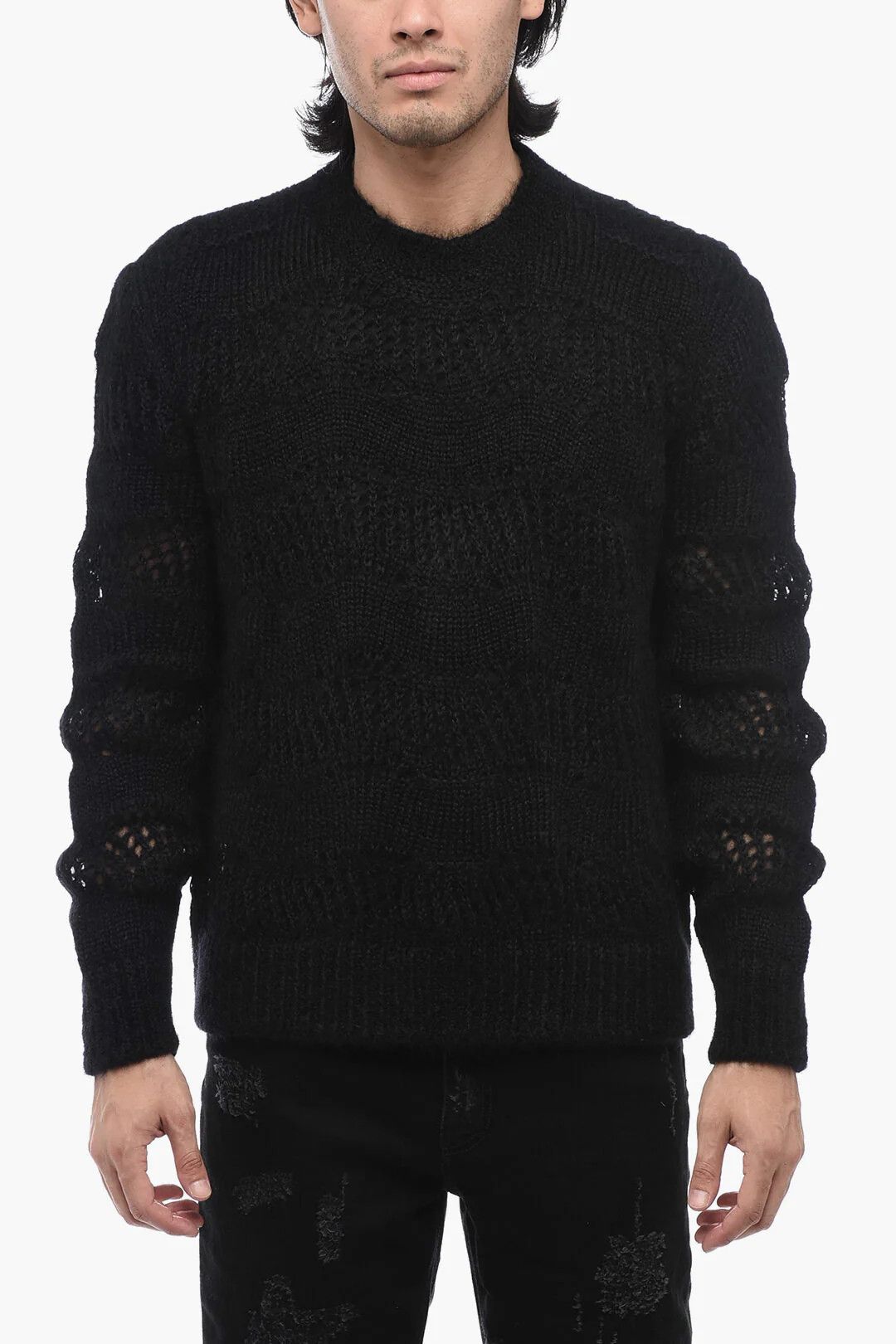 Saint Laurent Paris og1mm0426 Openwork Mohair-Blend Crewneck Sweater in Black Size US M / EU 48-50 / 2 - 1 Thumbnail
