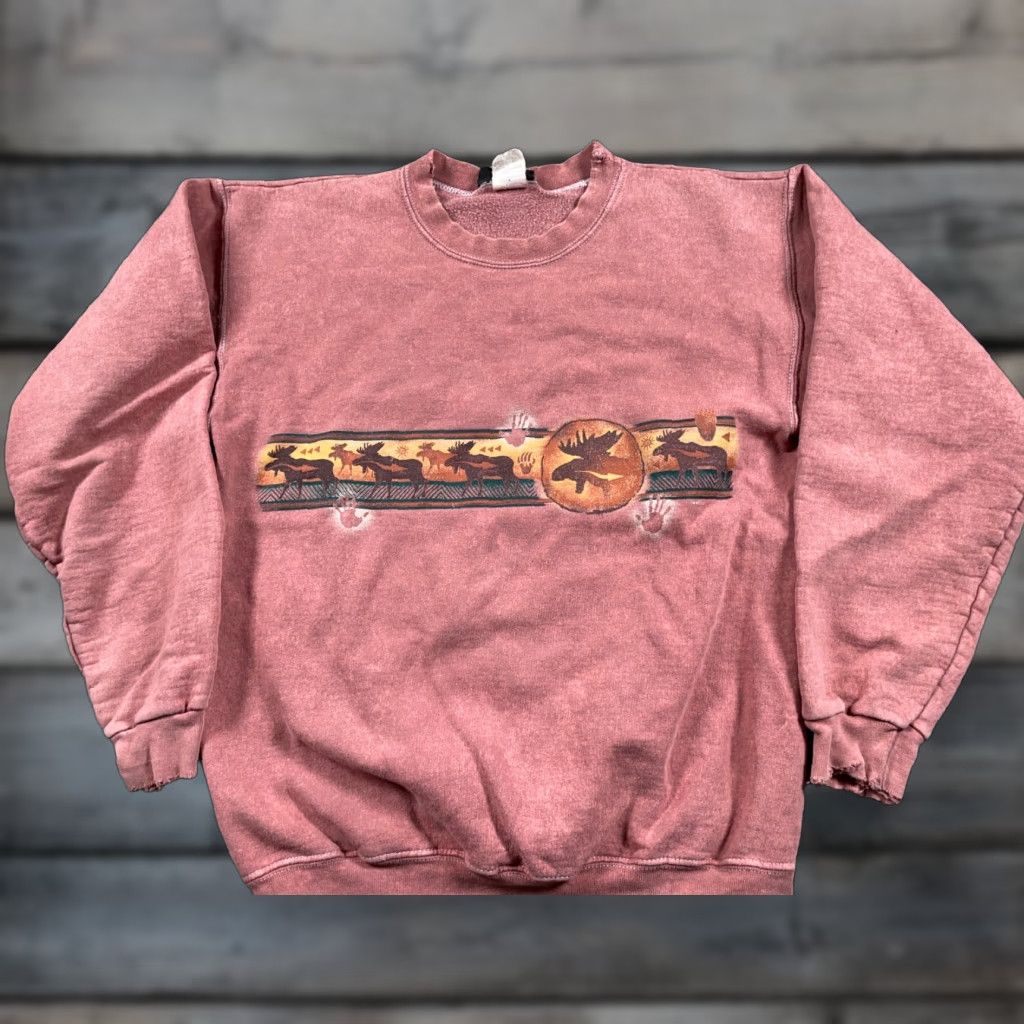 Vintage VINTAGE Stone Aged Rock Wear Sweatshirt Crew Neck Red Tie Dye Moose Print Adult Small Distressed Long Sleeve Pullover Cotton Polyester Cotton Blend Size US S / EU 44-46 / 1 - 1 Thumbnail