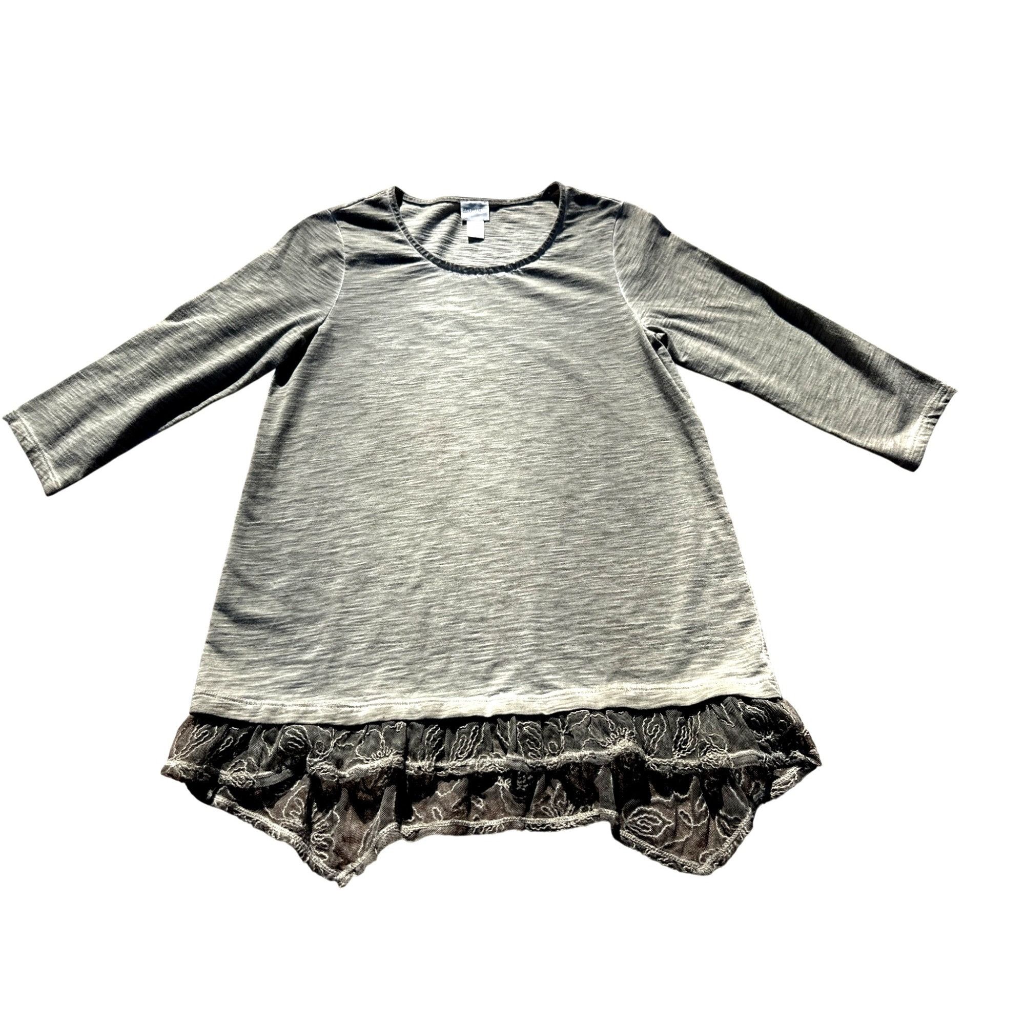 Chicos Chicos Olive Green Gray Blouse Top Embroidered Lace Hem Scoo Size XS / US 0-2 / IT 36-38 - 10 Thumbnail