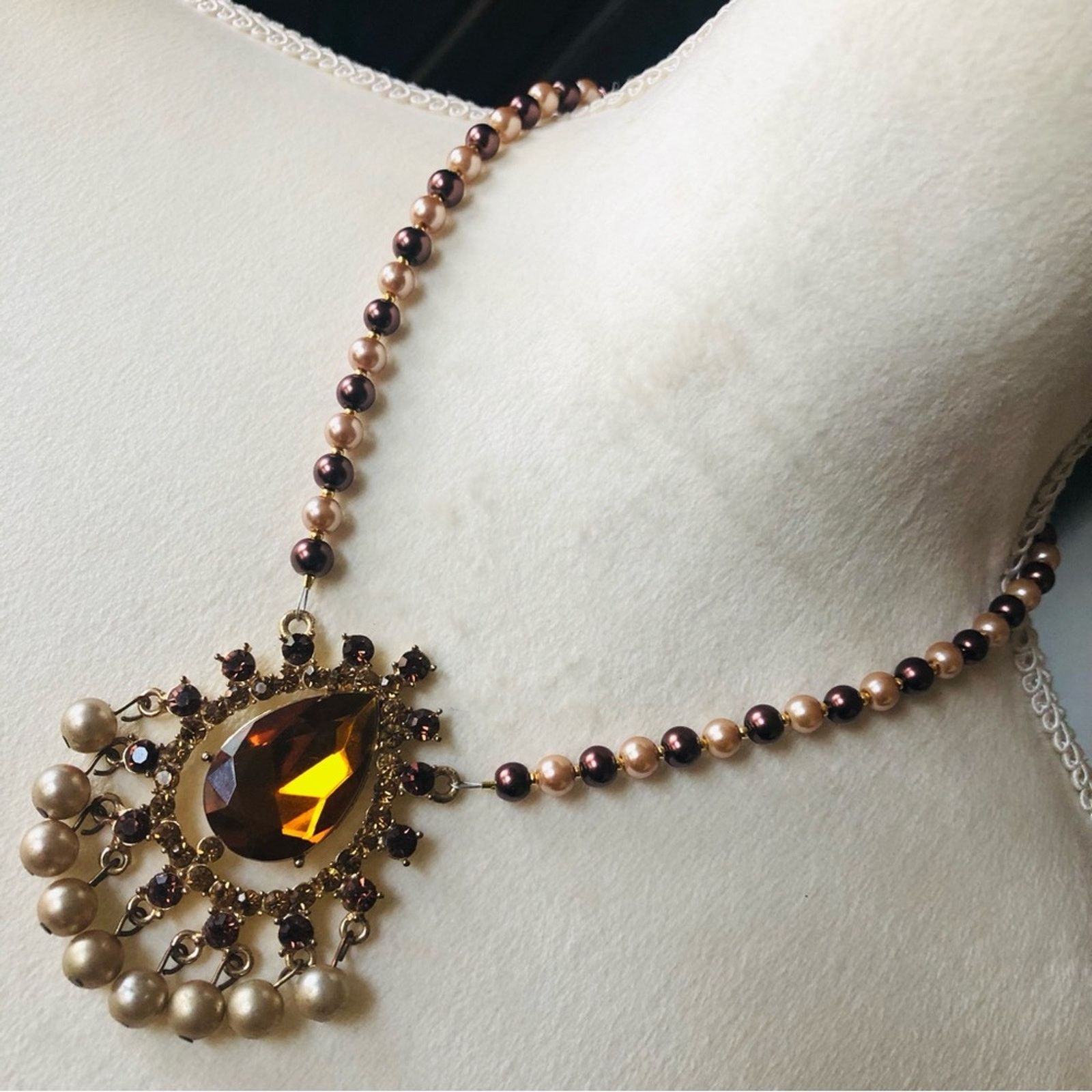 Handmade Handcrafted repurpose brown topaz pendant Pearl necklace Size ONE SIZE - 1 Thumbnail