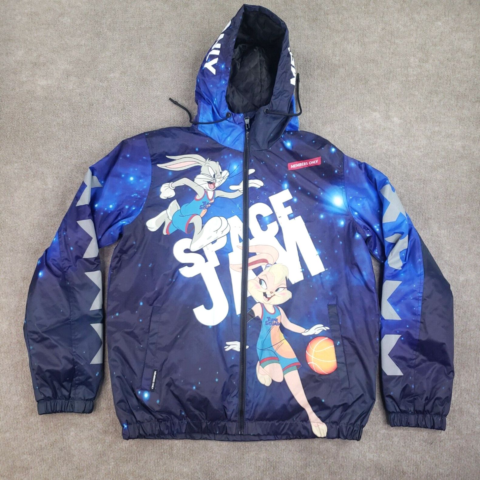 image of Looney Tunes Space Jam Jacket Men's Size Medium Blue Members Only X Tune Squad in White