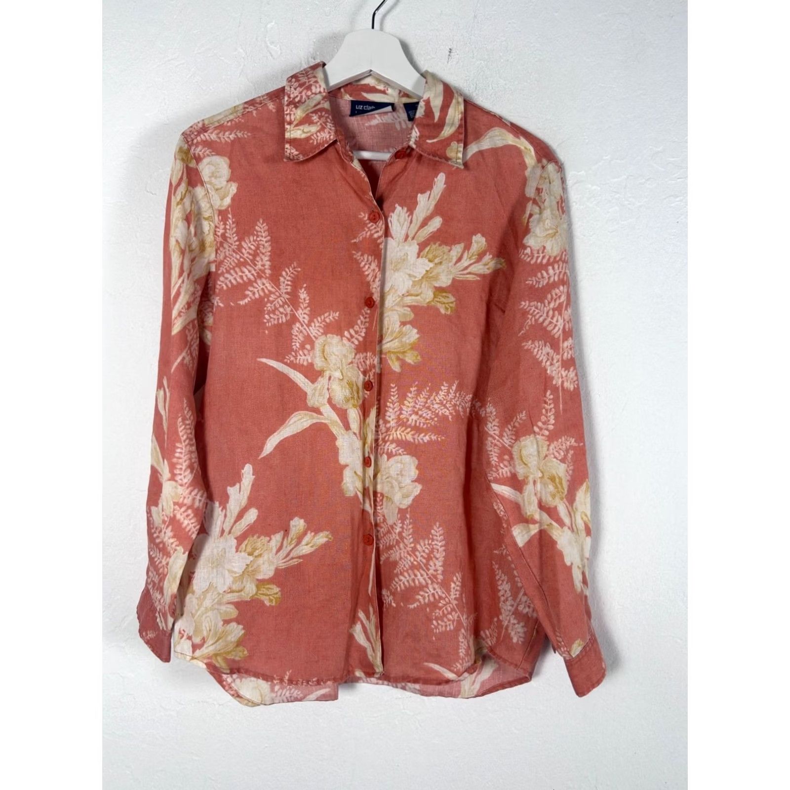 Liz Claiborne Liz Claiborne Lizsport Womens Floral Coral Linen Button-Up Shirt Petite Small Size S / US 4 / IT 40 - 2 Thumbnail