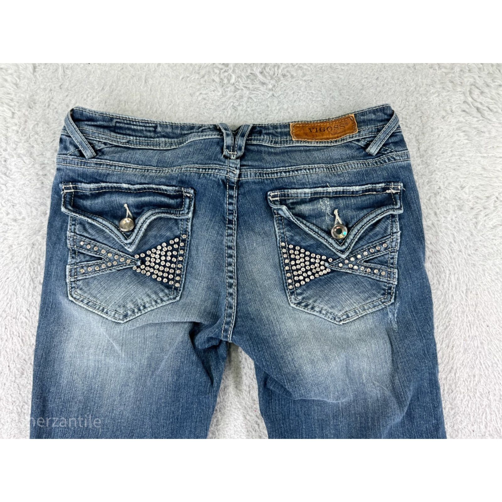 Vintage VIGOSS Denim Jeans Women 27 Blue Distressed Rhinestone Embellished 5-Pocket Straight Boot Cut Pants Size 27" / US 4 / IT 40 - 3 Thumbnail