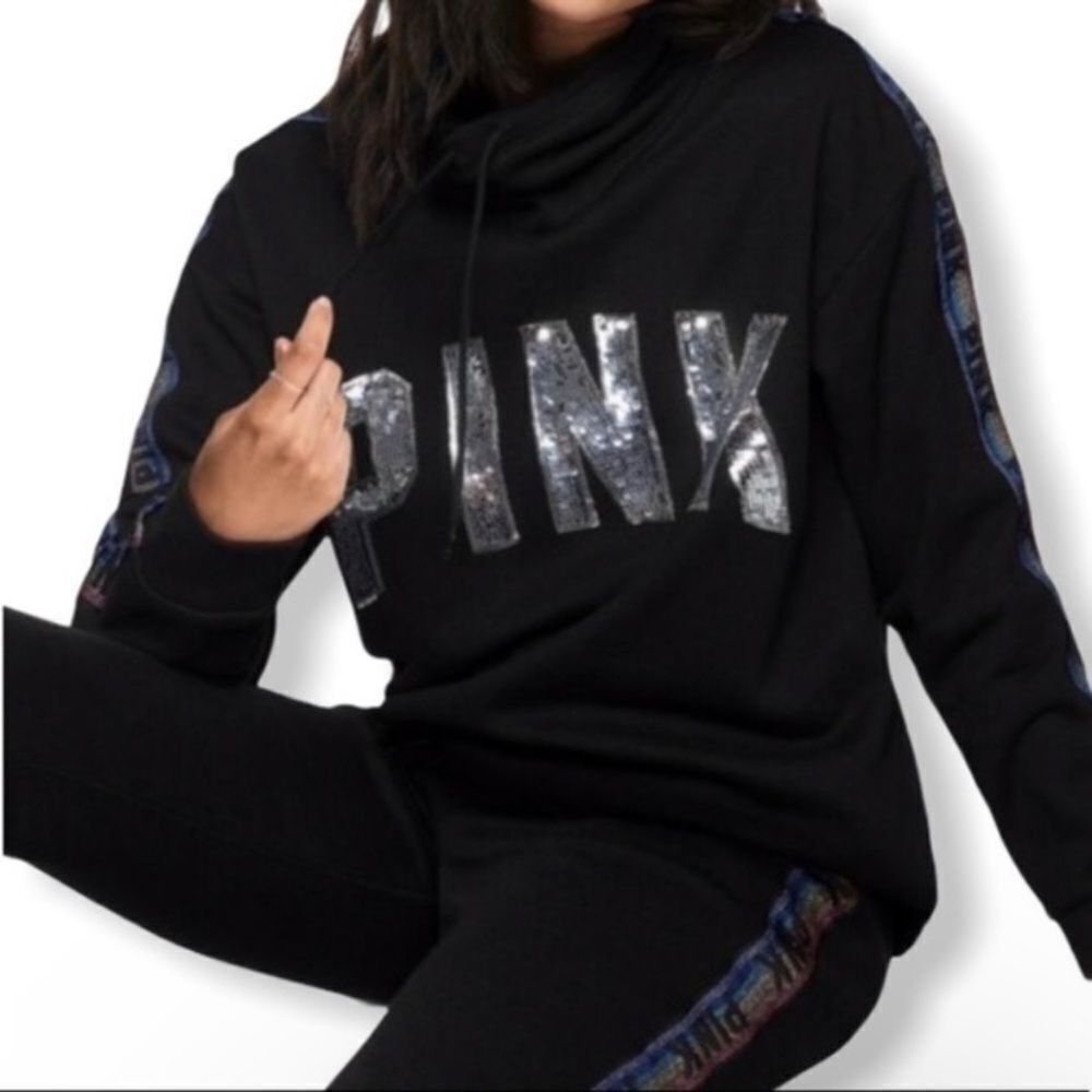 Victoria's Secret Victoria’s Secret PINK Black Sequin Logo Campus Cowl Neck Ho Size L / US 10 / IT 46 - 2 Thumbnail
