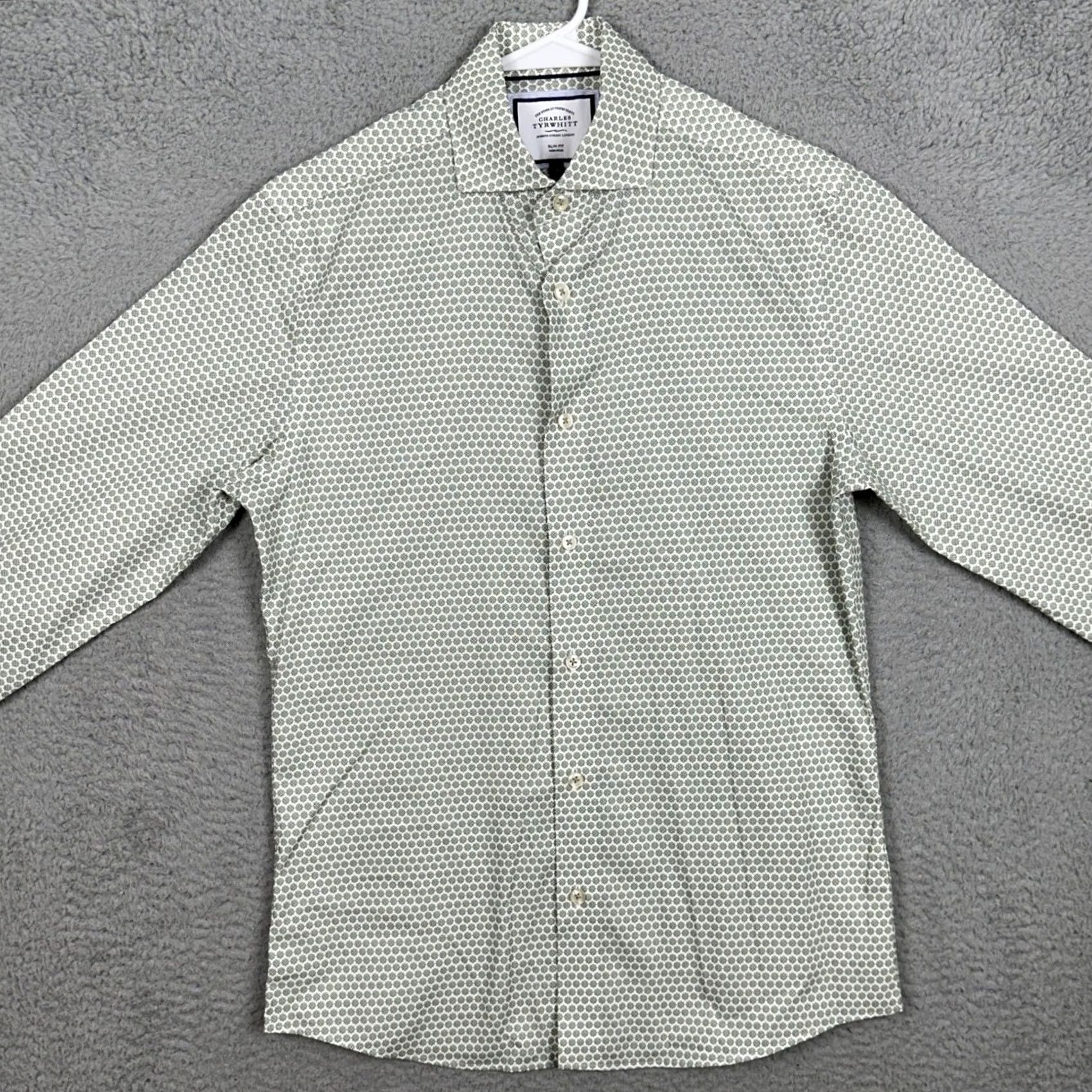 Charles Tyrwhitt Charles Tyrwhitt Shirt Mens Small White Green Slim Fit Button Up Geometric EUC Size US S / EU 44-46 / 1 - 3 Thumbnail