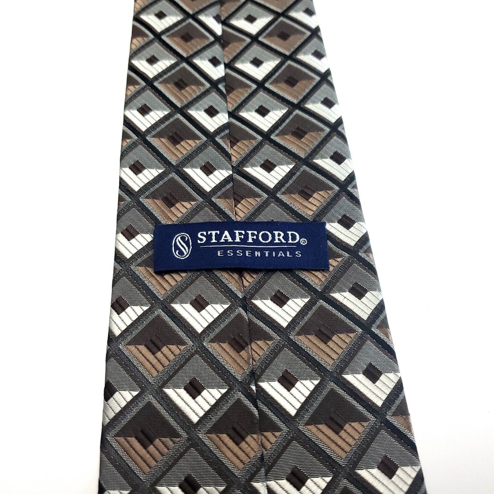 Stafford Stafford Essentials Brown White Silk Tie Woven Geometric Size ONE SIZE - 4 Thumbnail