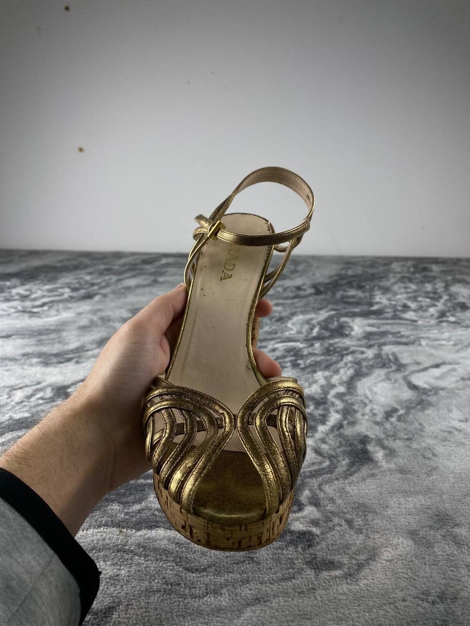 Prada Prada Metallic Gold Ankle Strap Cork Platform Block Heel Size US 8 / IT 38 - 8 Thumbnail