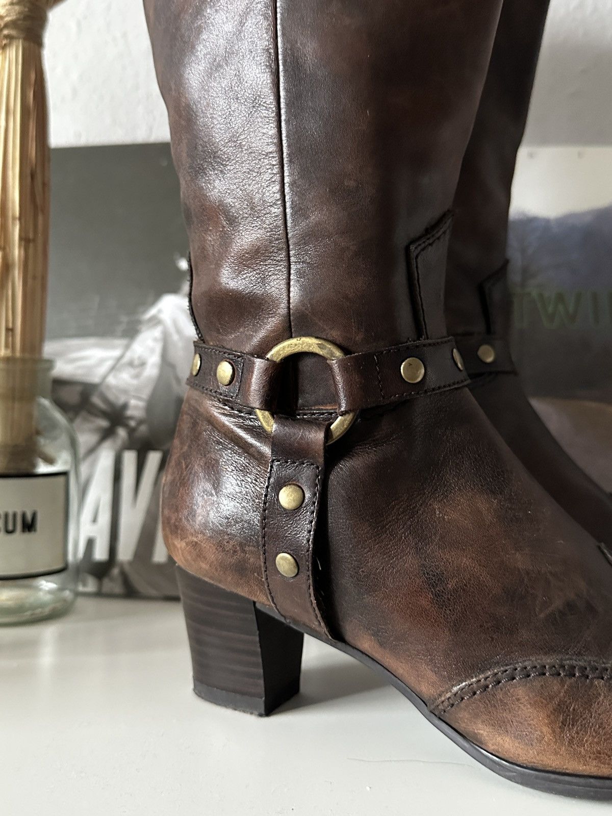Other Old Leather Cowboy Vintage Pointed Toe Heels Moto Boots Size US 7 / IT 37 - 5 Thumbnail
