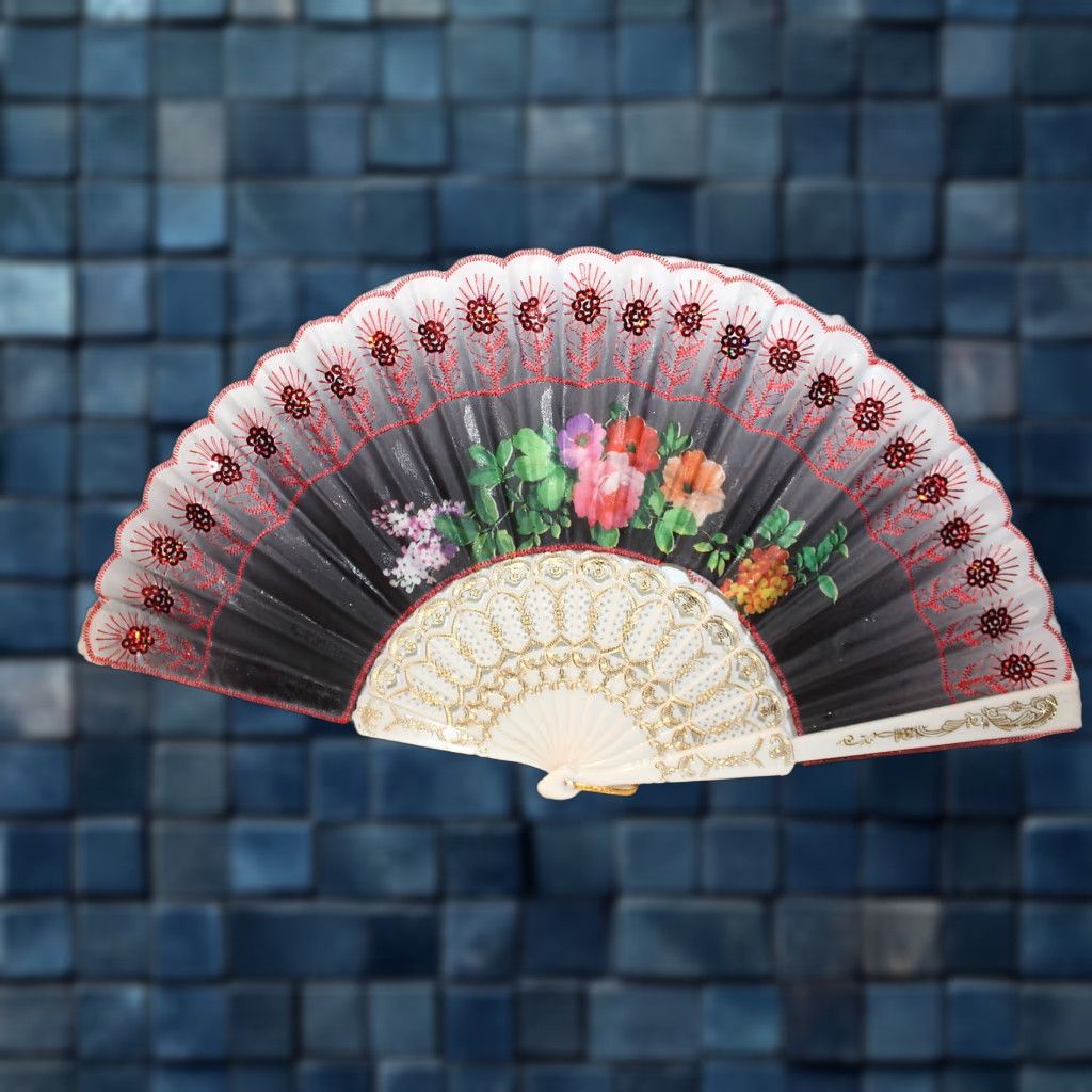 Vintage Vintage Hand Fan with Flower Sequin Embellishments, Small Size, 16 Inch Wide, Womens Accessories Size ONE SIZE - 1 Thumbnail