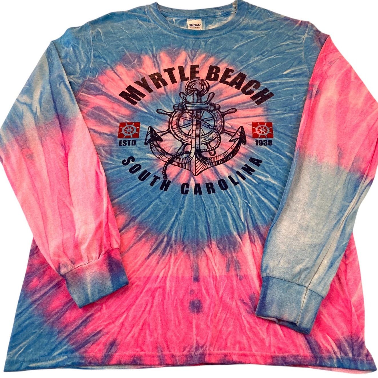 Gildan Myrtle Beach SC Tie Dye Long Sleeve T-Shirt Anchor Blue Pink Size M / US 6-8 / IT 42-44 - 1 Thumbnail
