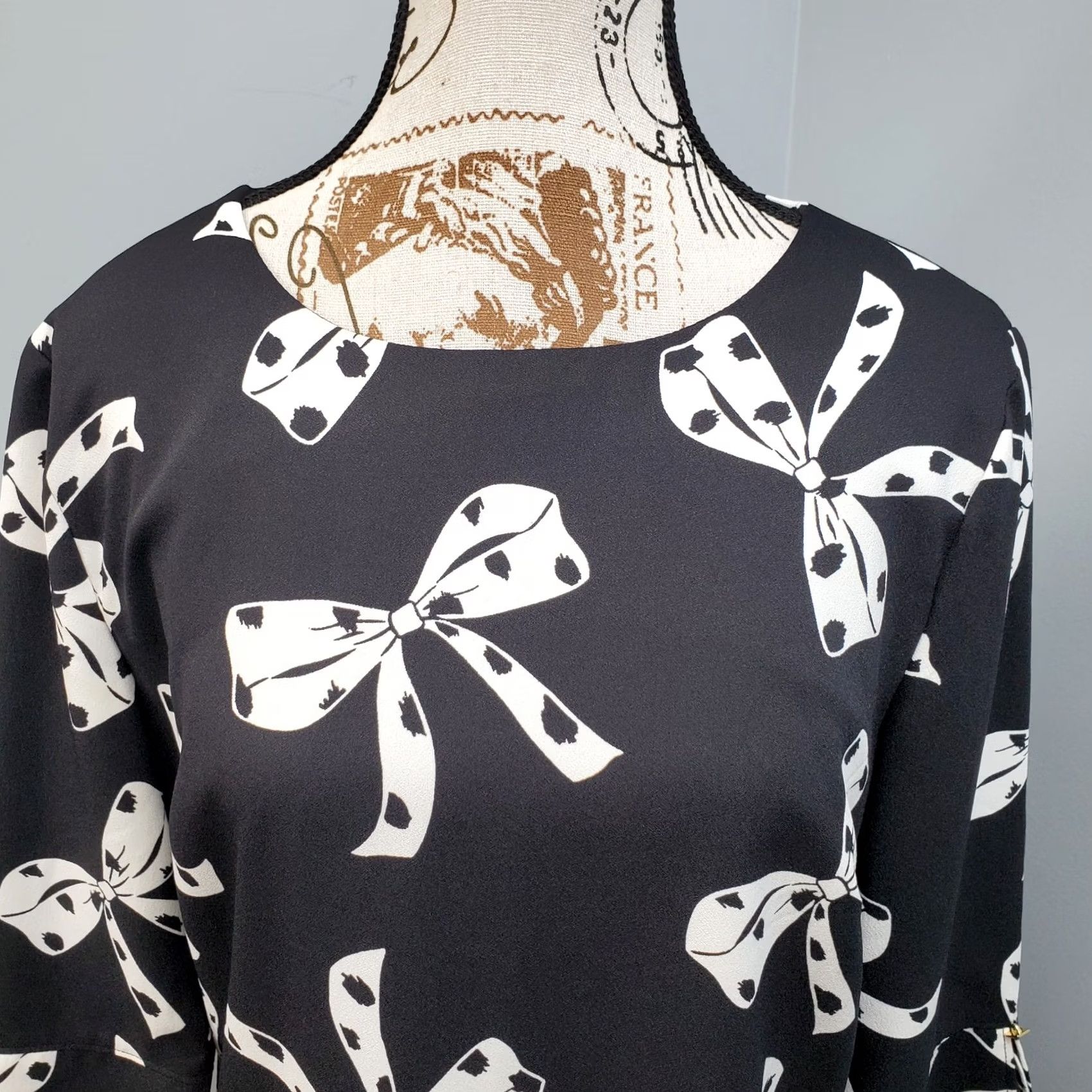 Banana Republic Banana Republic Womens Shift Dress 10 Black White Bow Print Split Cuff Back Zip Size L / US 10 / IT 46 - 5 Thumbnail