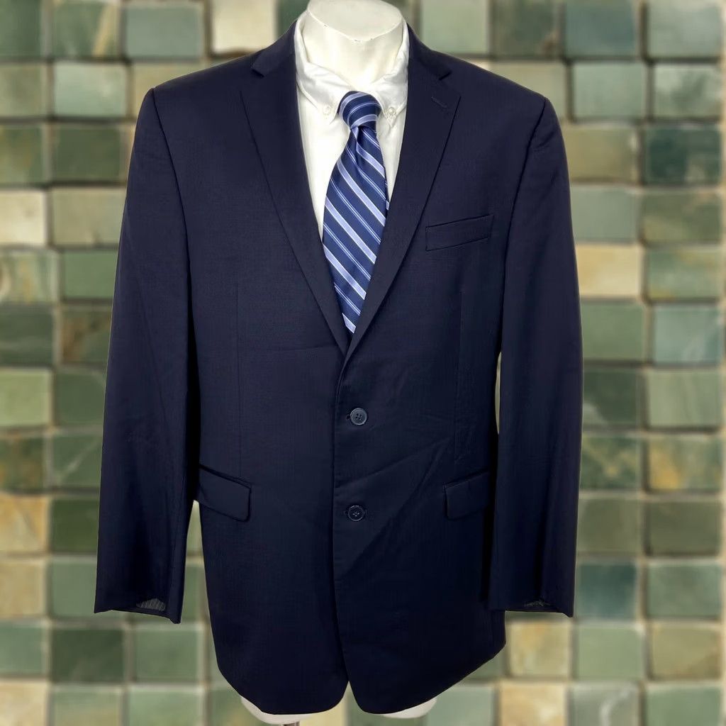 Calvin Klein Calvin Klein Blazer Suit Coat Jacket Blue Long 44L Wool Two-Button Notch Lapel Men's Jacket Size 44R - 1 Thumbnail
