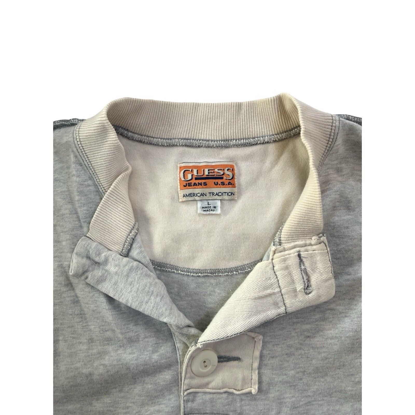 Guess VINTAGE GUESS Shirt Mens L Cotton 90s Crew Neck Sweatshirt Gray Ash 2 Button Patch Logo Pullover - 90s Decade, Cotton, Long Sleeve, Size L Size US L / EU 52-54 / 3 - 2 Thumbnail