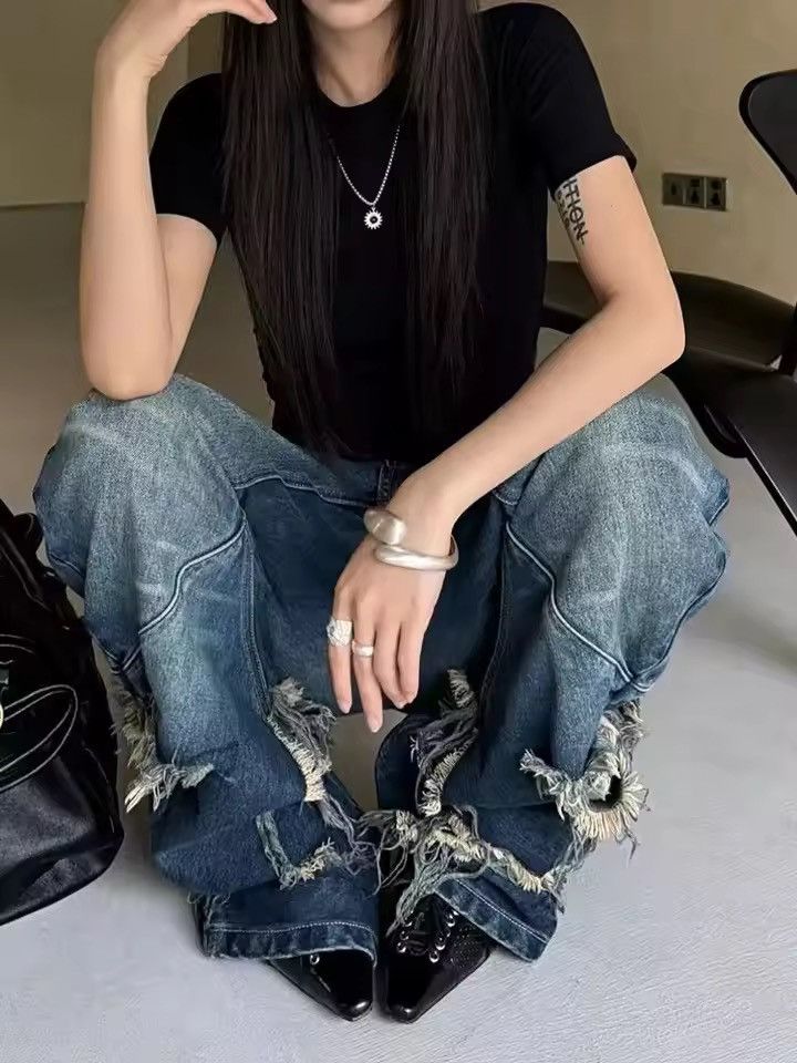 Japanese Brand Retro Y2K Style Patchwork Blue Baggy Stacked Jeans Size 28" / US 6 / IT 42 - 8 Thumbnail