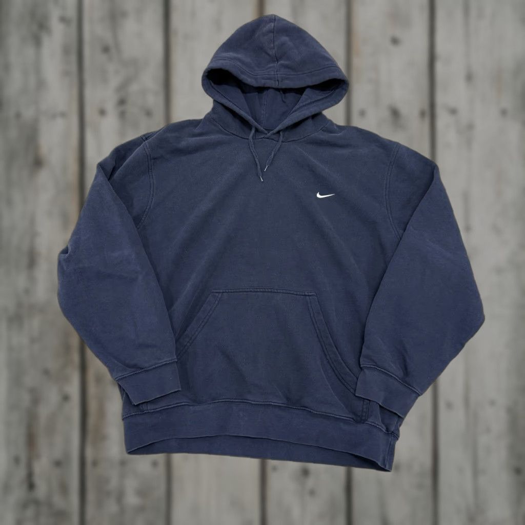VINTAGE Nike Hoodie Mens XL Blue Swoosh Silver Tag Fade 90s Sports Pullover Hooded Pockets