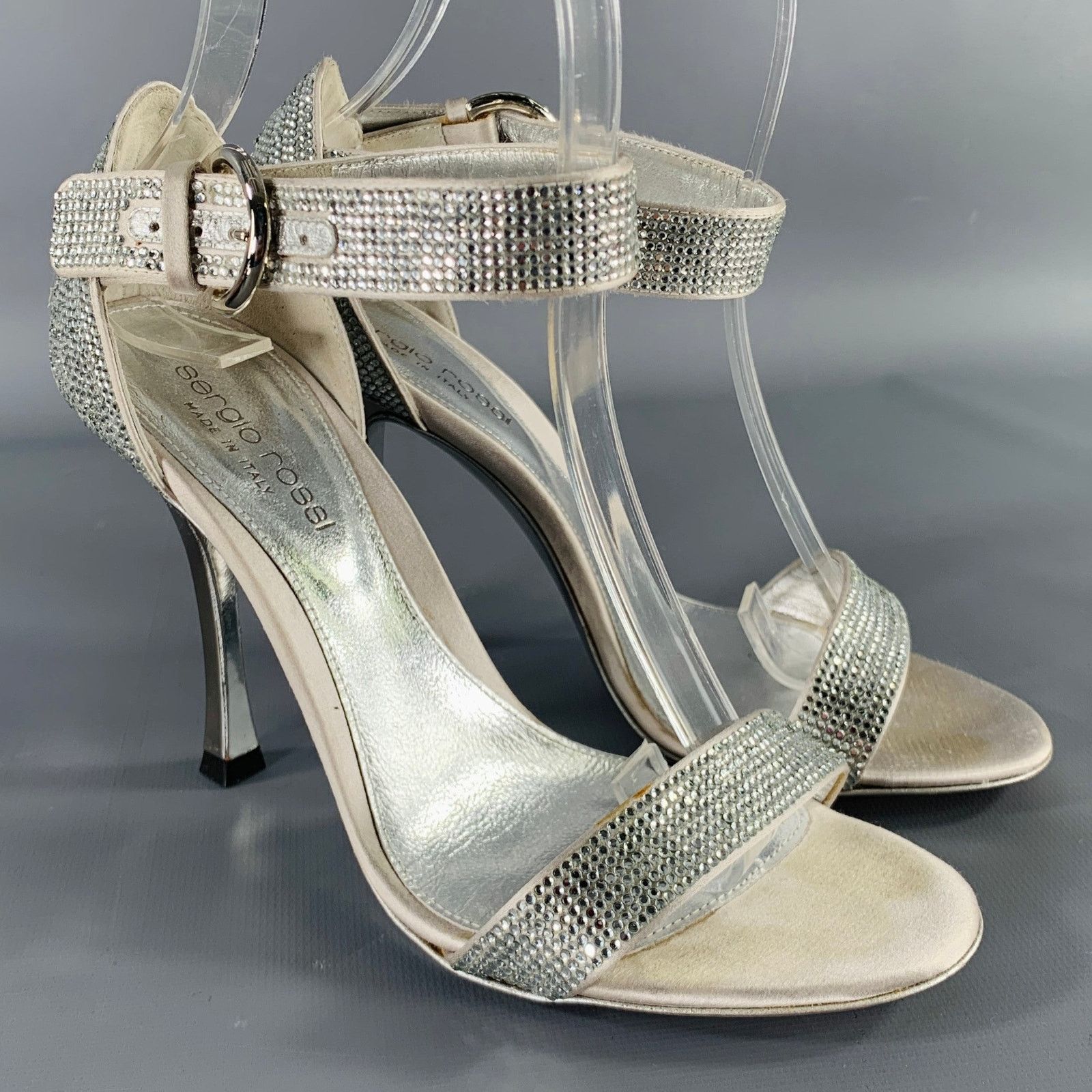 Sergio Rossi SERGIO ROSSI Size 5.5 Silver Grey Silk Ankle Strap Sandals Size US 5.5 / IT 35.5 - 1 Thumbnail